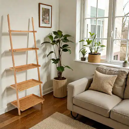 Front. Hivvago - Natural Bamboo 5-Tier Ladder Bookcase for Plants, Books, and Decorations - Natural.