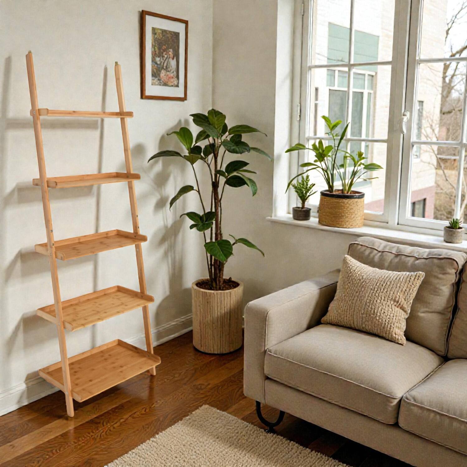 Front. Hivvago - Natural Bamboo 5-Tier Ladder Bookcase for Plants, Books, and Decorations - Natural.