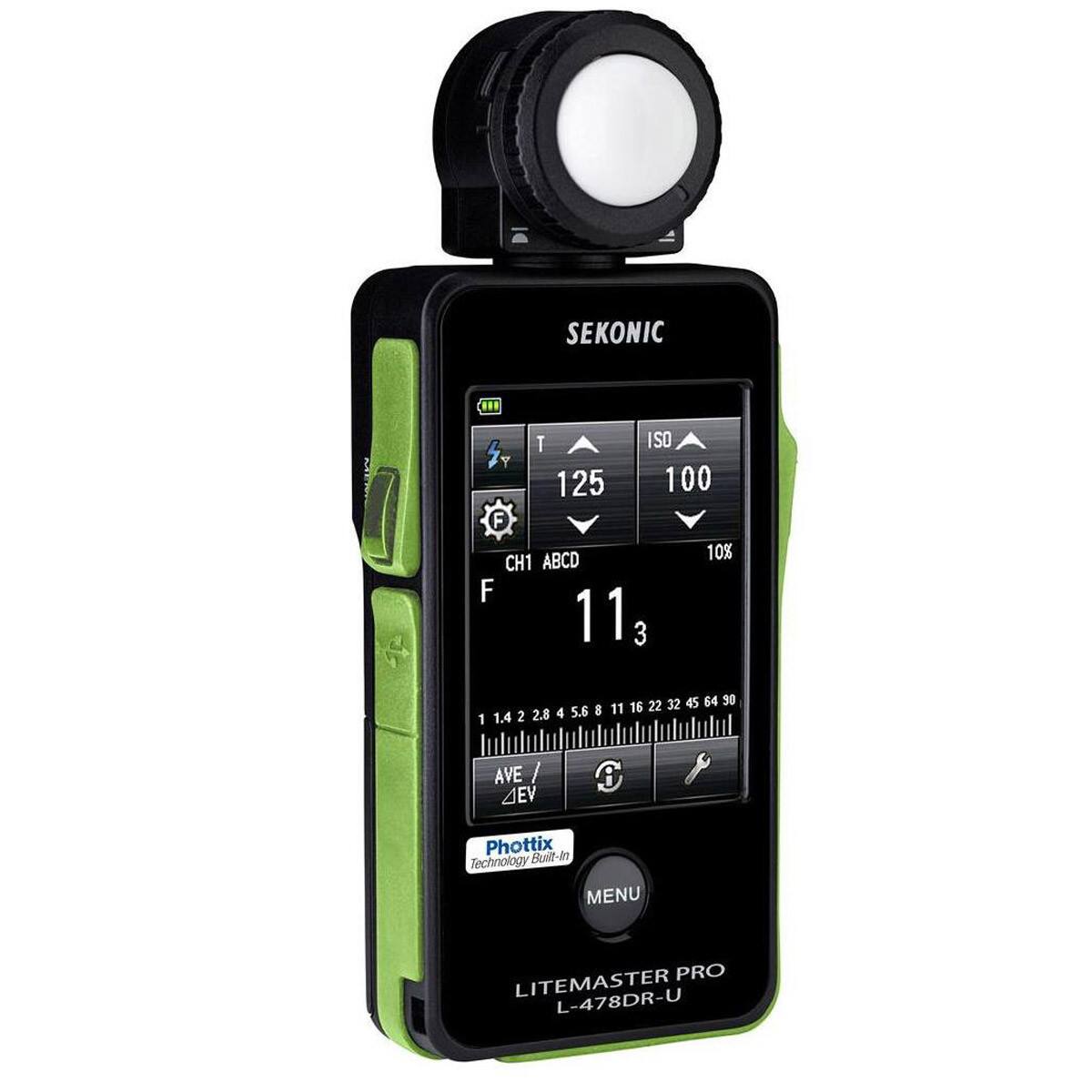 SEKONIC  
ISO 125 100  
F 11 3  
ABCD 10%  
CH1  
F 1.4 2 2.8 4 5.6 8 11 16  
AVE / AEV  
C i  
Phottix Technology  
Built-in MENU  
LITEMASTER PRO L-478DR-U