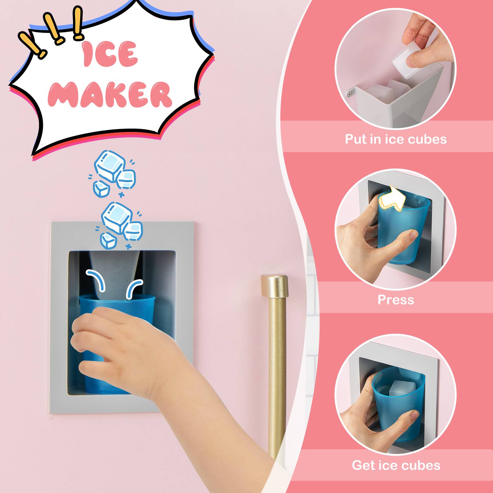 ICE MAKER

1. Put in ice cubes
2. Press
3. Get ice cubes