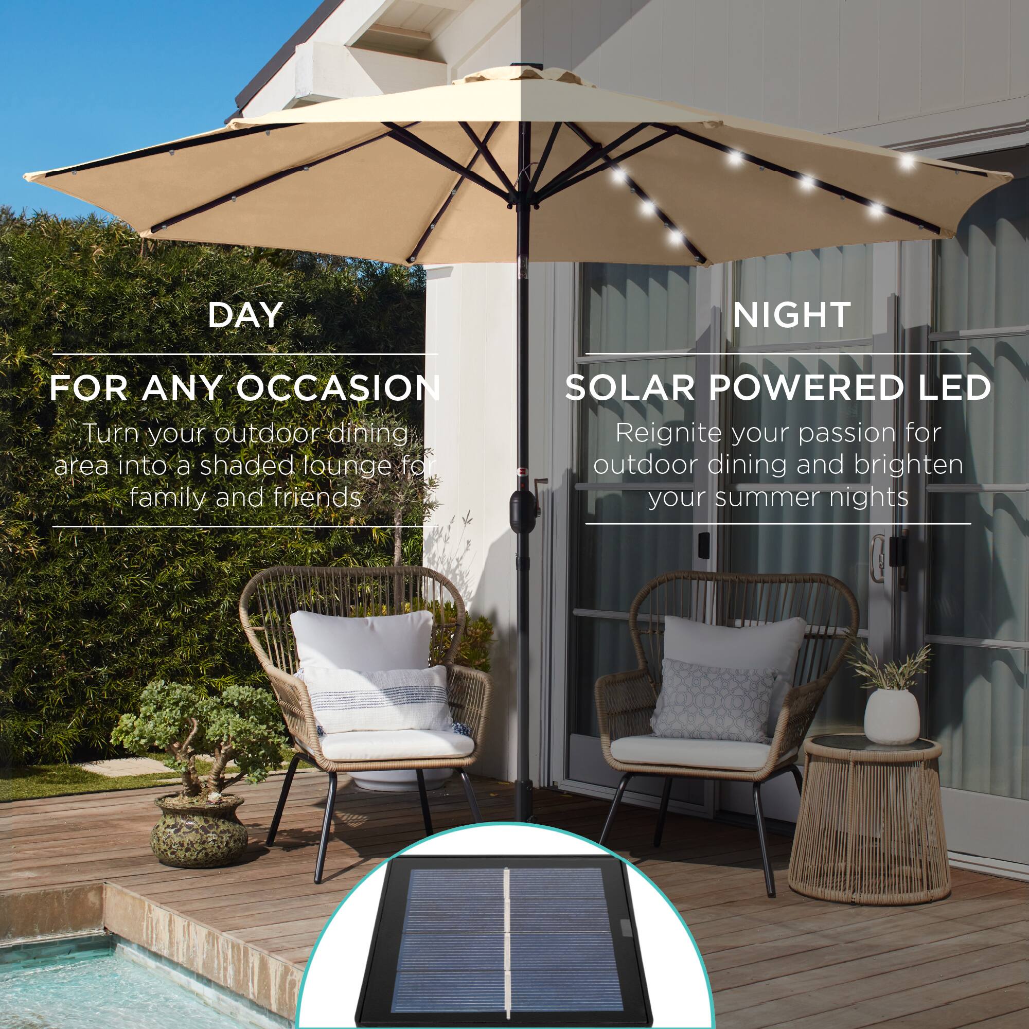 **DAY**

FOR ANY OCCASION

Turn your outdoor dining area into a shaded lounge for family and friends

**NIGHT**

SOLAR POWERED LED

Reignite your passion for outdoor dining and brighten your summer nights