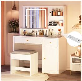 Espafurni - Vanity Desk Set with LED Light Mirror & Power Outlet, Makeup Table with 3 Shelves & 2 Drawers & 3 Level Adjustable - White