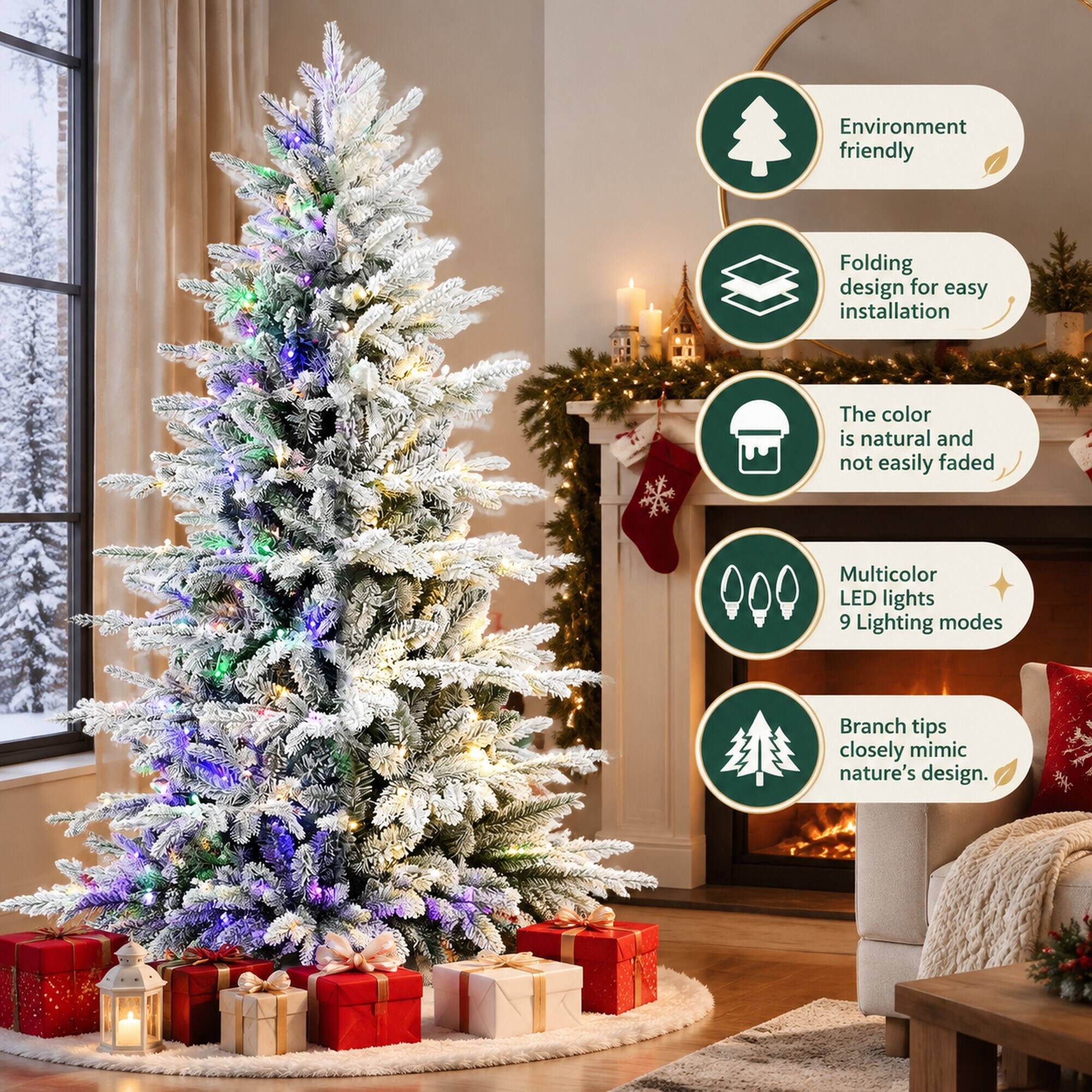 Environment friendly  
Folding design for easy installation  
The color is natural and not easily faded  
Multicolor LED lights 9 Lighting modes  
Branch tips closely mimic nature's design.