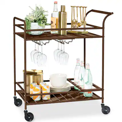 Front. Best Choice Products - Best Choice Products 2-Tier Rolling Bar Cart Indoor/Outdoor w/ Storage Shelves, Wine Rack, Lockable Wheels - Brown - Brown.