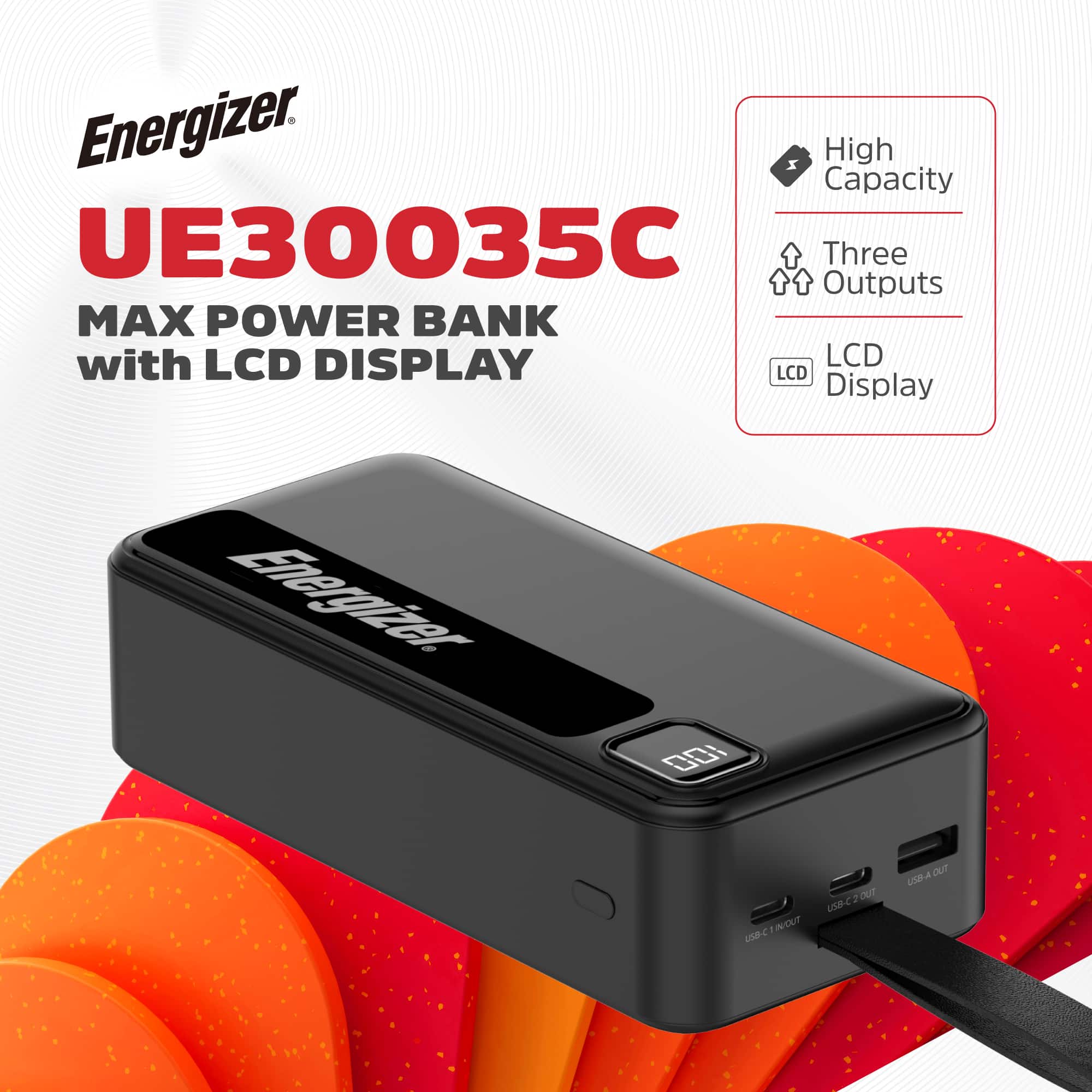 Energizer UE30035C Max Power Bank with LCD Display - 3 Outputs - High Capacity - 20,000mAh.