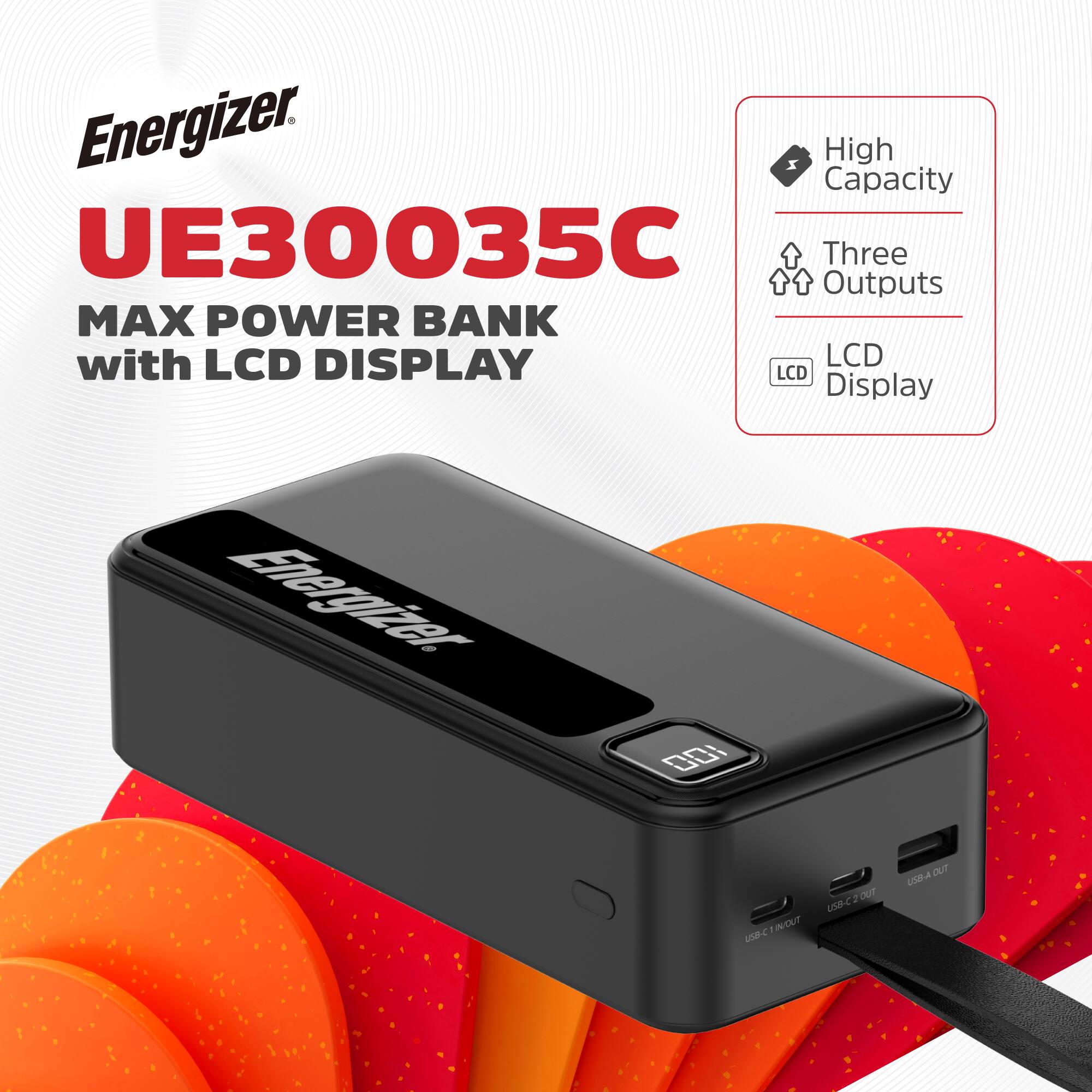 Energizer UE30035C Max Power Bank with LCD Display - 3 Outputs - High Capacity - 20,000mAh.