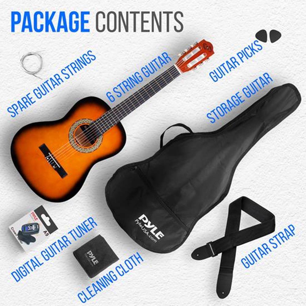 PACKAGE CONTENTS

- SPARE GUITAR STRINGS
- 6 STRING GUITAR
- GUITAR PICKS
- STORAGE GUITAR
- DIGITAL GUITAR TUNER
- CLEANING CLOTH
- GUITAR STRAP