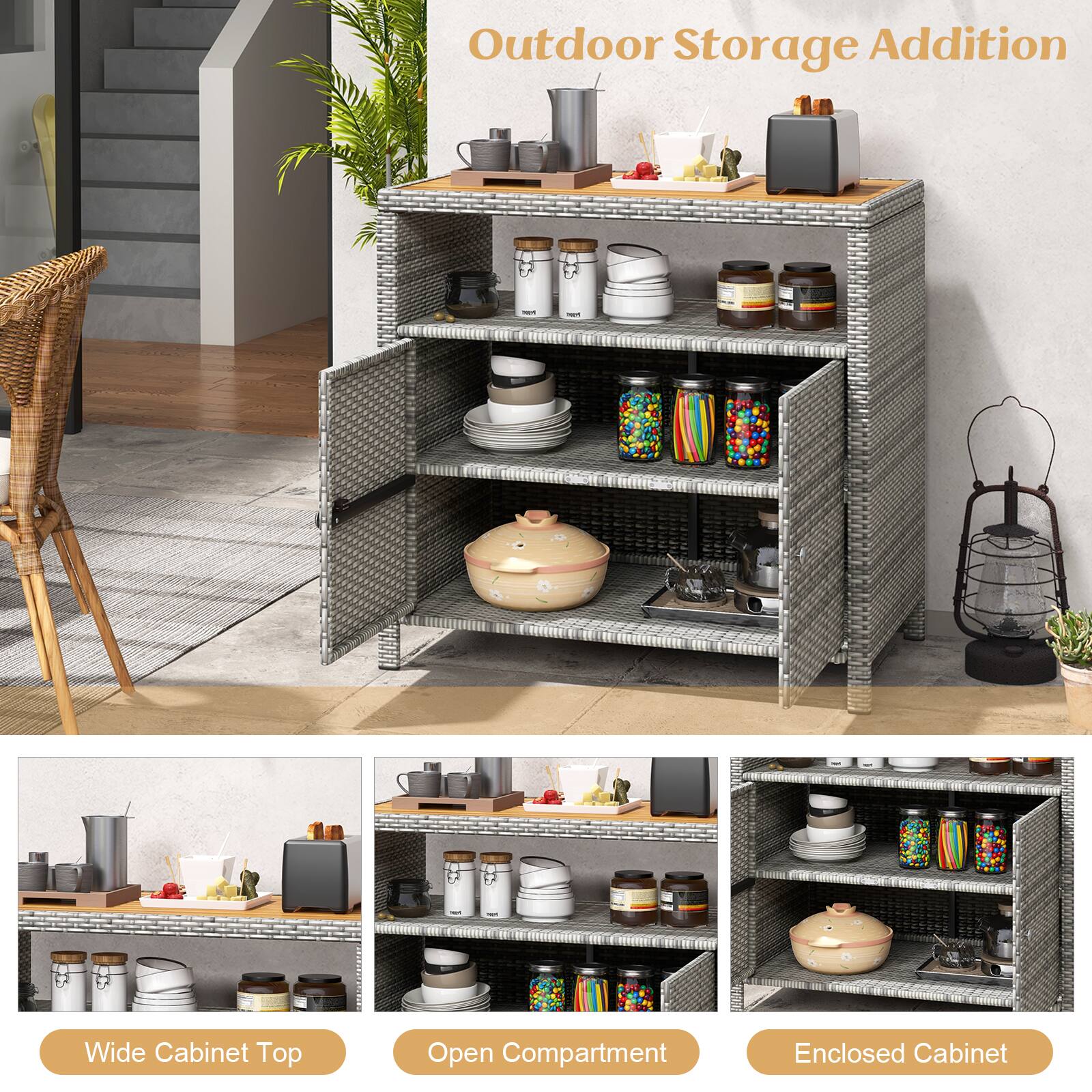 Outdoor Storage Addition
Wide Cabinet Top
Open Compartment
Enclosed Cabinet