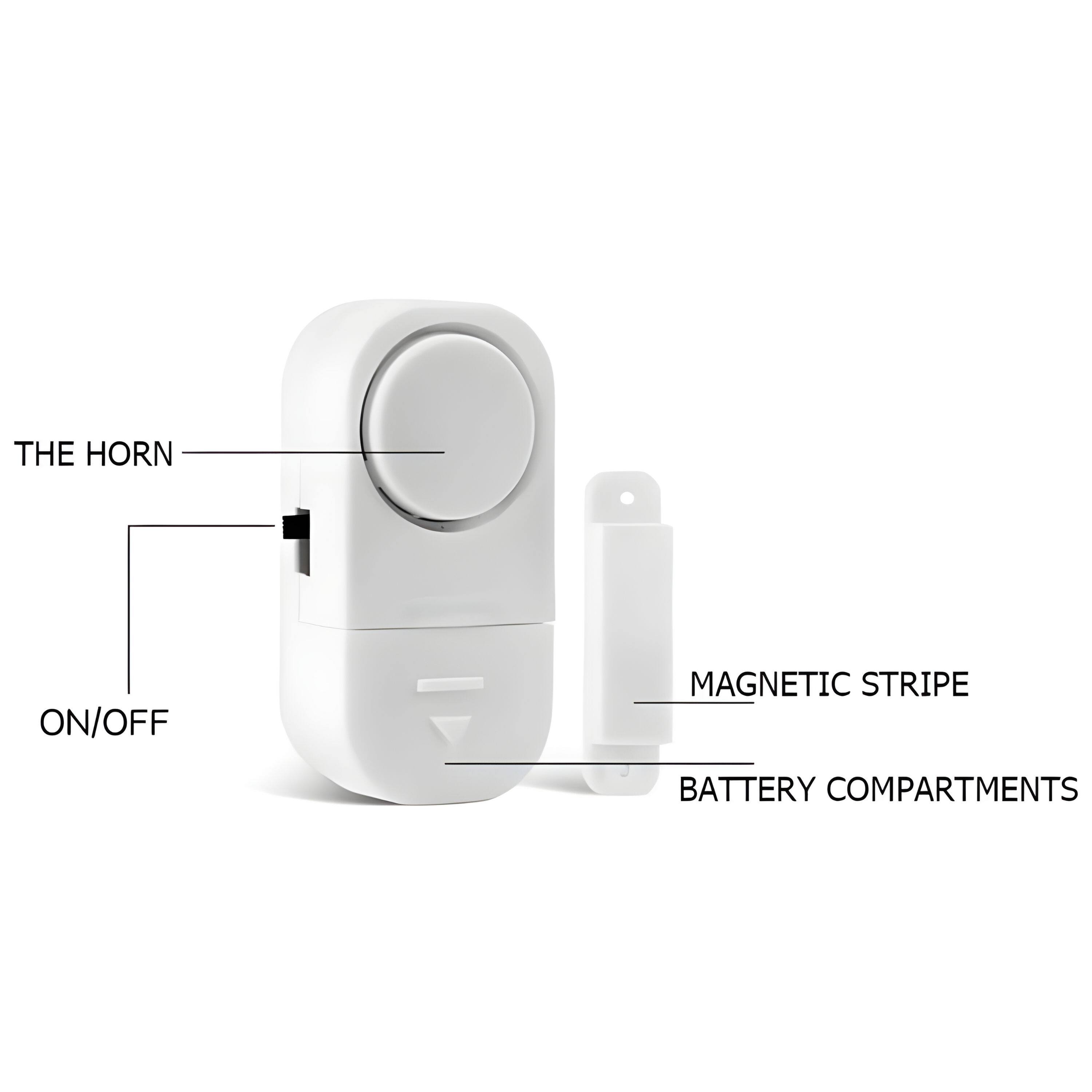 - THE HORN
- ON/OFF
- MAGNETIC STRIPE
- BATTERY COMPARTMENTS