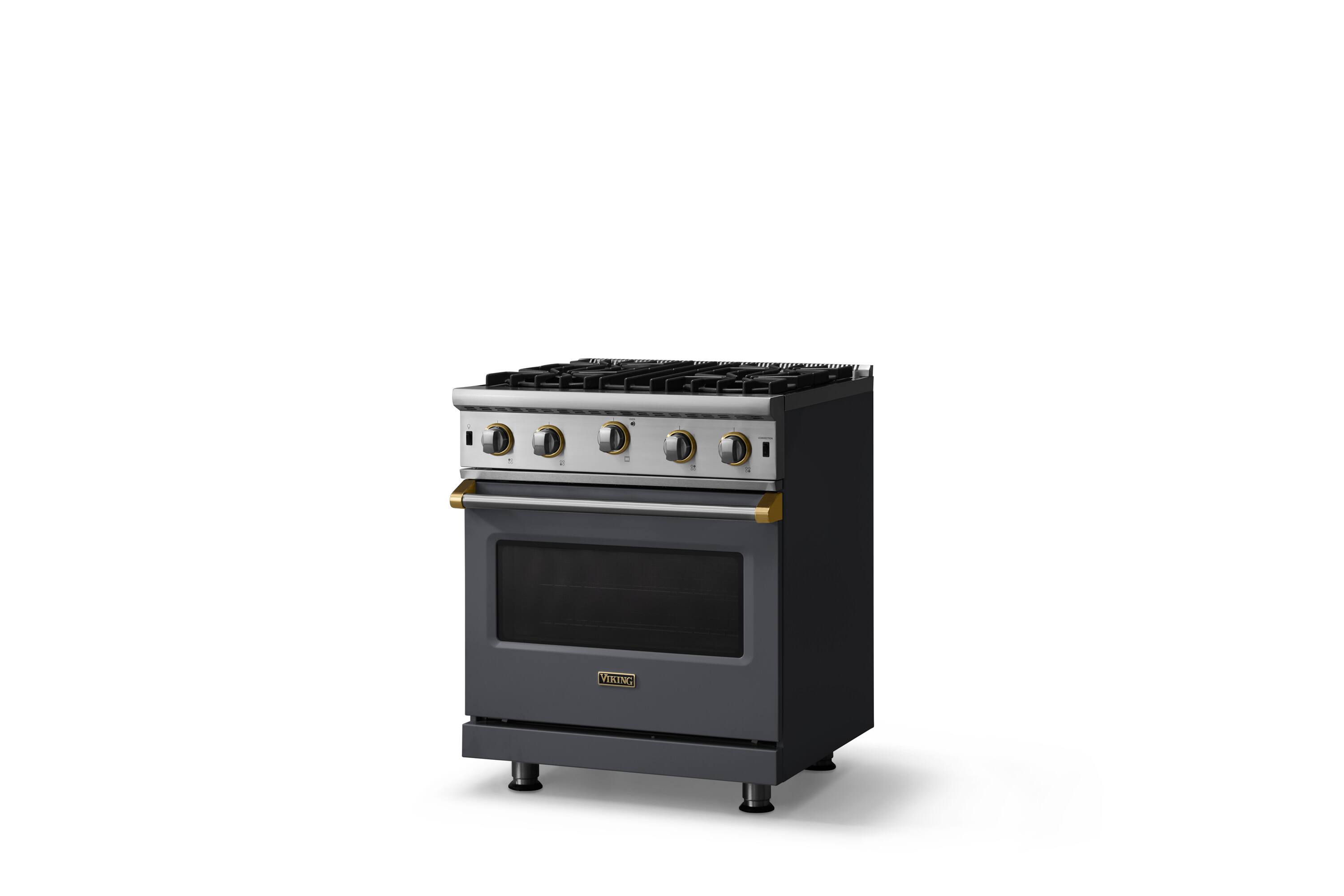 Angle. Viking - 30"W. 4.0 Cu. Ft. Freestanding Self-Clean Open Burner Gas Convection Range - Cast Black w. Brushed Brass Trim - Cast Black.