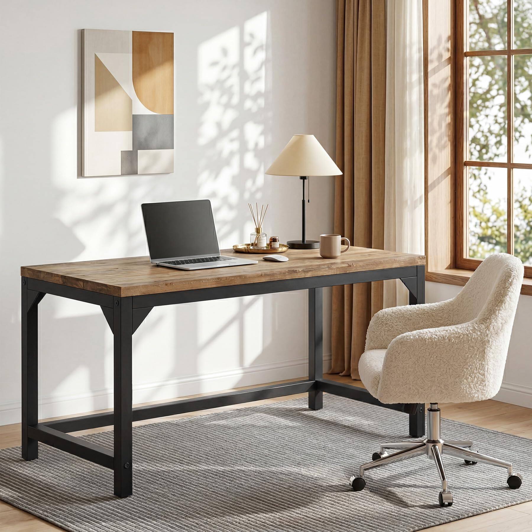 Back. Tribesigns - Solid Wood Computer Desk, 63 x 31.5 inch Large Office Desk Computer Table Study Writing Desk Workstation for Home Office - Natural + Black.