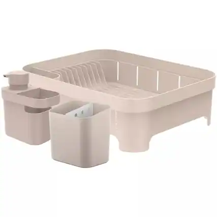 Front. OU - OU Kitchen Sink Organizer 3pc Set, Dish Rack, Cutlery Drainer & Soap Dispenser Caddy w Sponge Holder - Beige - Beige.