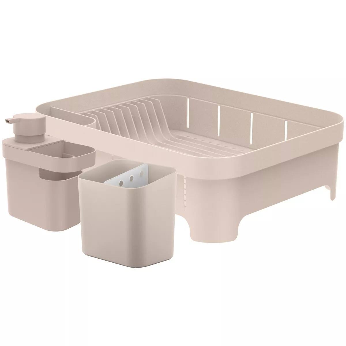 Front. OU - OU Kitchen Sink Organizer 3pc Set, Dish Rack, Cutlery Drainer & Soap Dispenser Caddy w Sponge Holder - Beige - Beige.
