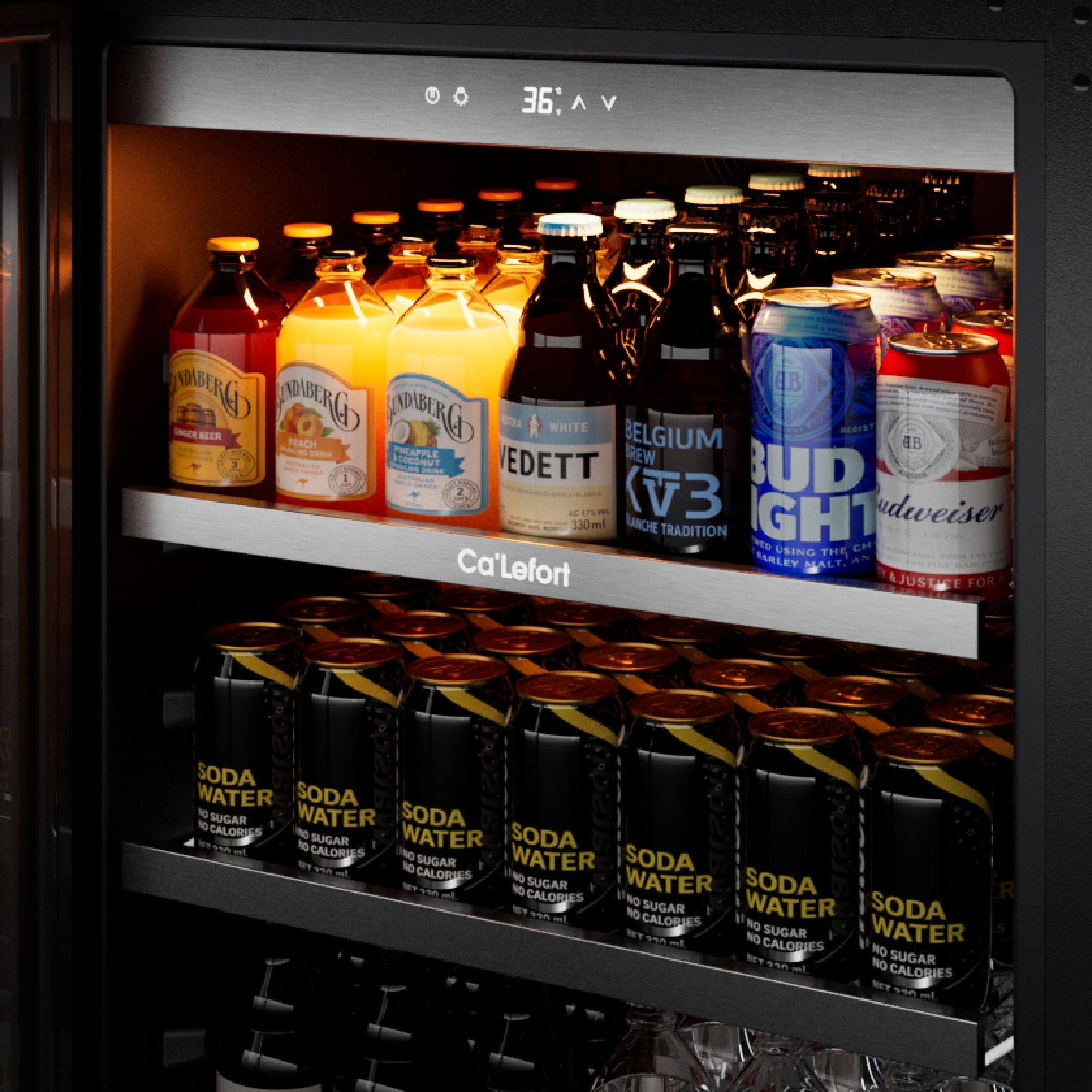 Sure, here is the corrected and grouped text from the image:

---

**Top Shelf:**

- **DABERG**  
  - PEACH  
  - BELGIAN BEER  
  - 330ml

- **DABERG**  
  - PINEAPPLE  
  - BELGIAN BEER  
  - 330ml

- **VEDETT**  
  - WHITE  
  - BELGIAN BREW  
  - 330ml

- **BELGIUM BREW**  
  - V3  
  - LANCHE TRADITION  
  - 330ml

- **BUD LIGHT**  
  - Budweiser  
  - 330ml

---

**Middle Shelf:**

- **Ca'Lefort**  
  - BARLEY MALT  
  - JUSTICE FOR  
  - USING THE  
  - BARLEY MALT

---

**Bottom Shelf:**

- **SODA WATER**  
  - NO SUGAR  
  - NO CALORIES  
  - 330ml

- **SODA WATER**  
  - NO SUGAR  
  - NO CALORIES  
  - 3