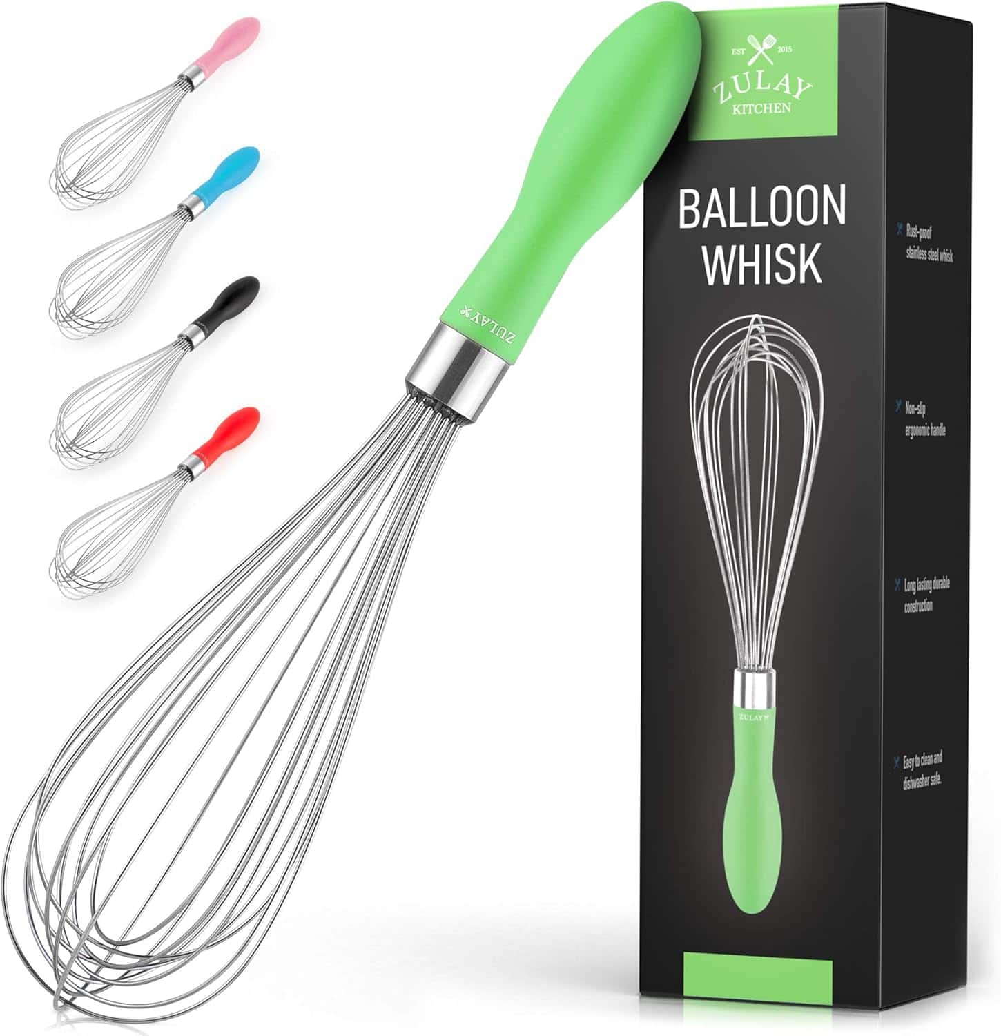 ZULAY KITCHEN

BALLOON WHISK

- Rust-proof
- Stainless steel whisk

- Non-stick
- Ergonomic handle

- Large balloon whisk
- Condensation resistant

- Easy to clean and dishwasher safe.
