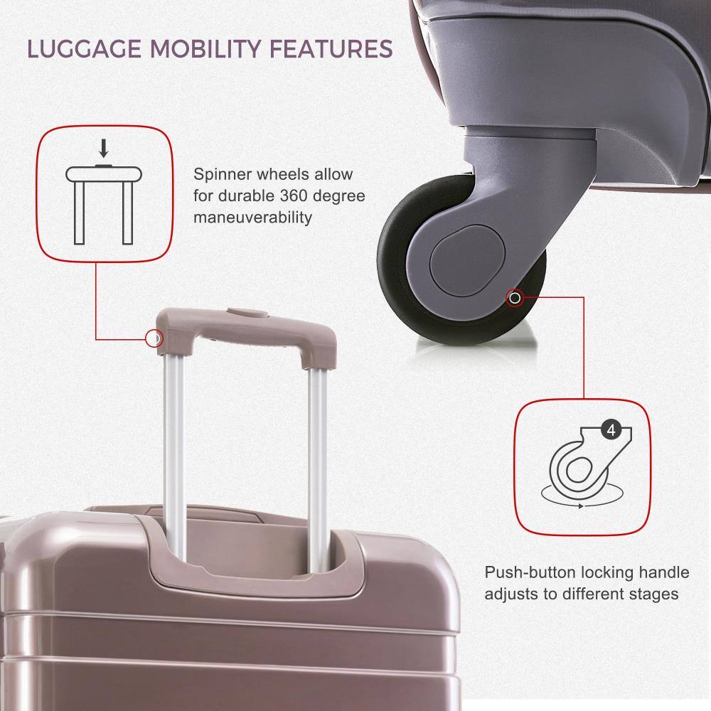 LUGGAGE MOBILITY FEATURES

Spinner wheels allow for durable 360 degree maneuverability

Push-button locking handle adjusts to different stages