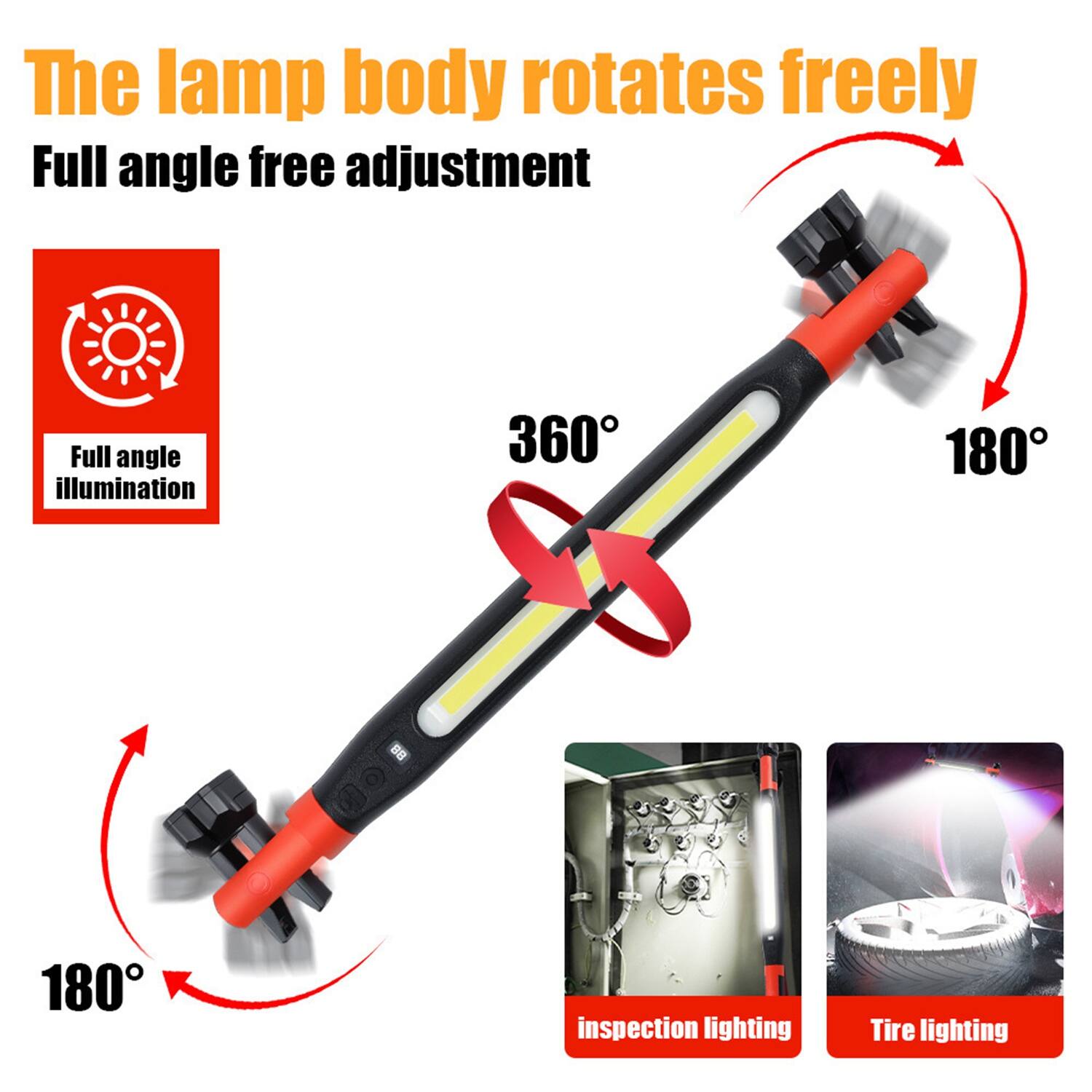 The lamp body rotates freely  
Full angle free adjustment  
Full angle illumination  
360° 180°  
Inspection lighting  
Tire lighting