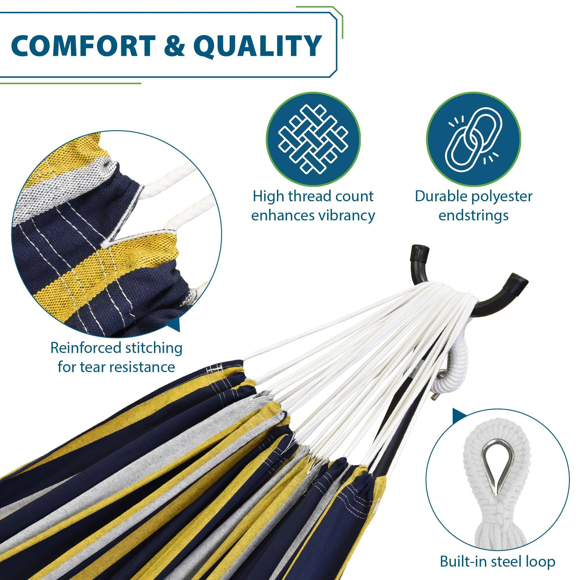 COMFORT & QUALITY

- High thread count enhances vibrancy
- Durable polyester endstrings
- Reinforced stitching for tear resistance
- Built-in steel loop