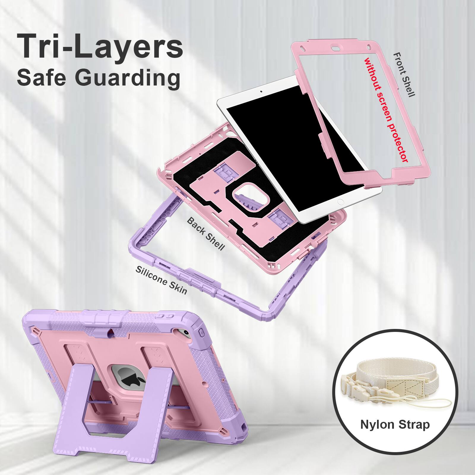 Tri-Layers Safe Guarding without Front Shell screen protector Back Shell Silicone Skin Nylon Strap