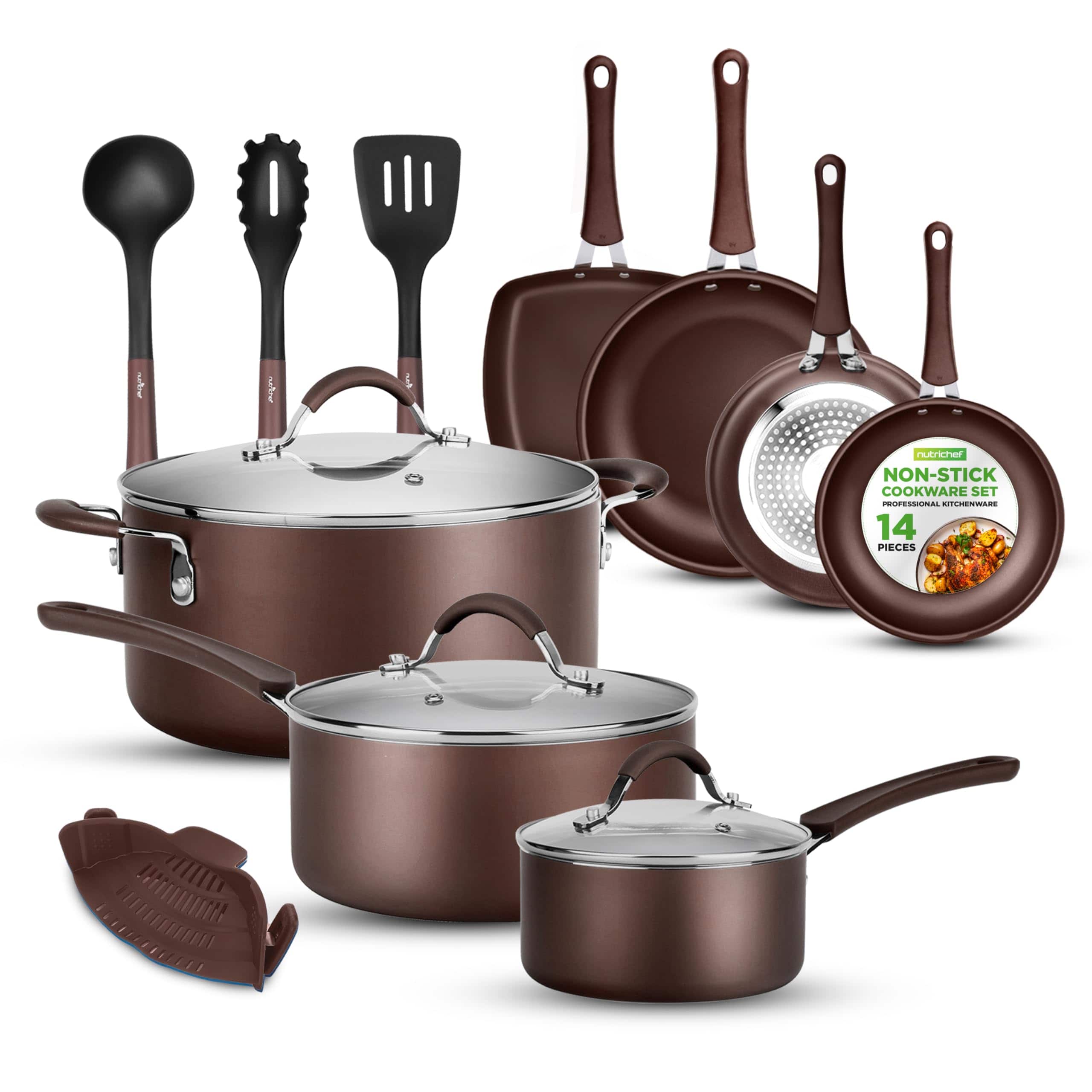 NutriChef - 14-Piece Nonstick Brown Cookware Set