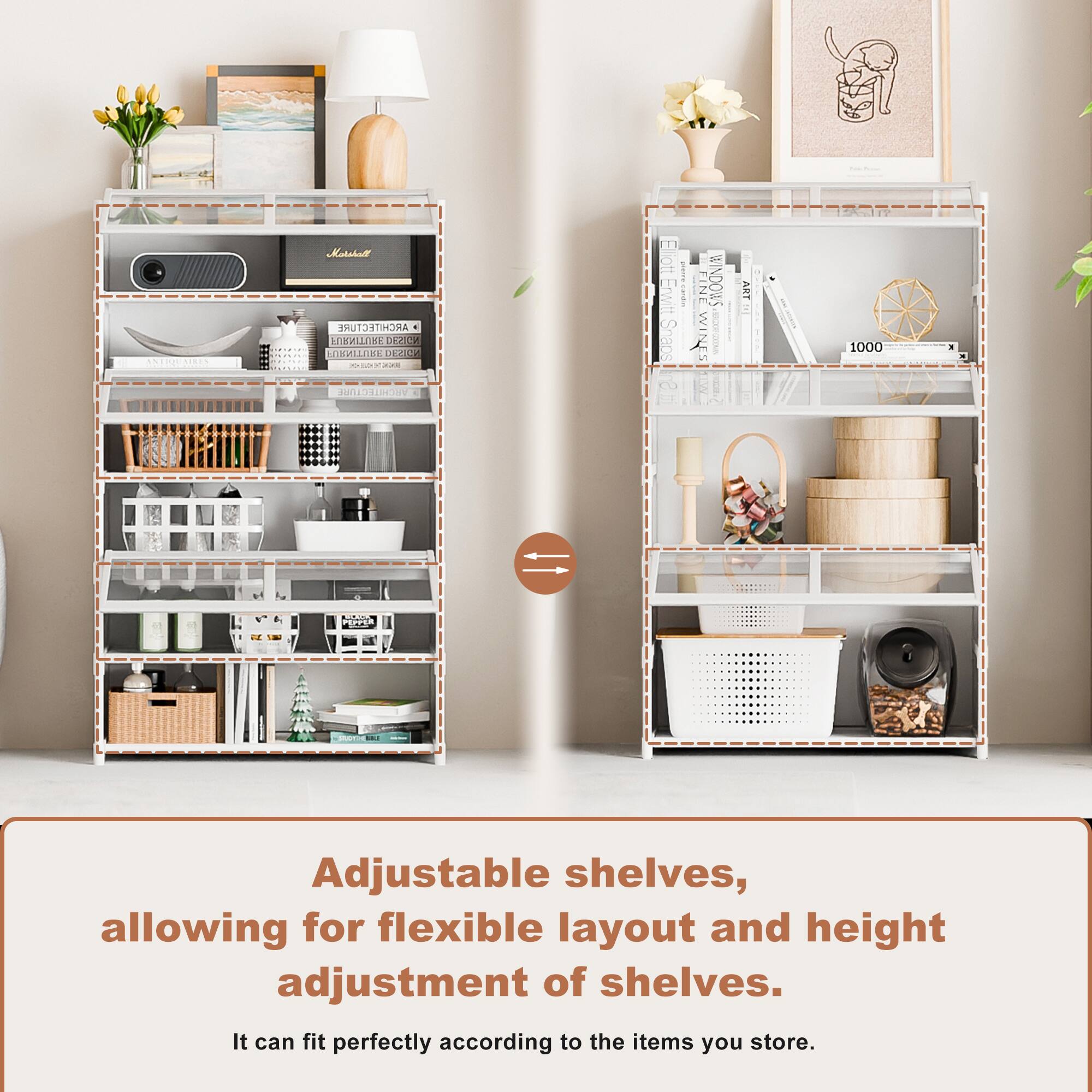 Adjustable shelves, allowing for flexible layout and height adjustment of shelves. It can fit perfectly according to the items you store.