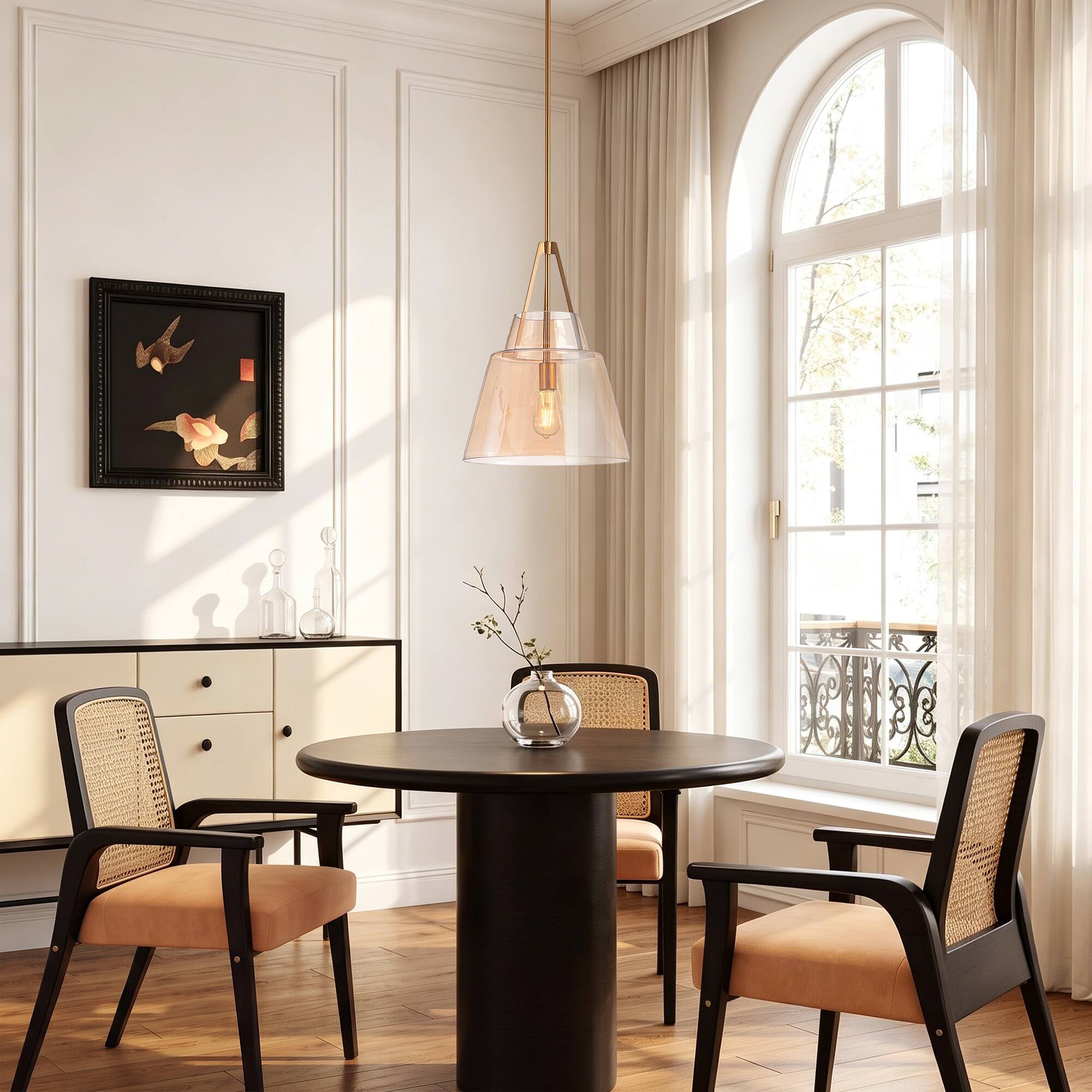 Left. Parrot Uncle - 15" Modern Cone Amber Glass 1- Light Adjustable Pendant Light for Kitchen Island and Dining Room - Amber.