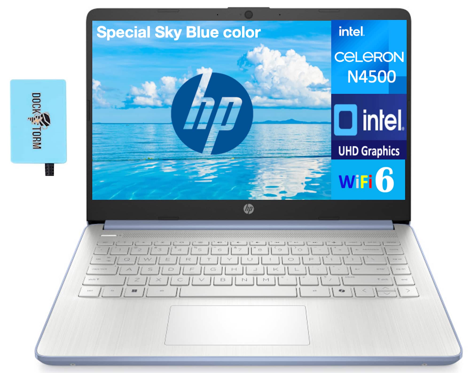 HP - 14 Laptop 14.0 HD (Intel Celeron N4500, 16GB DDR4, 1TB PCIe SSD, Intel UHD, Win 11 Pro) w/USB Hub - Sky Blue