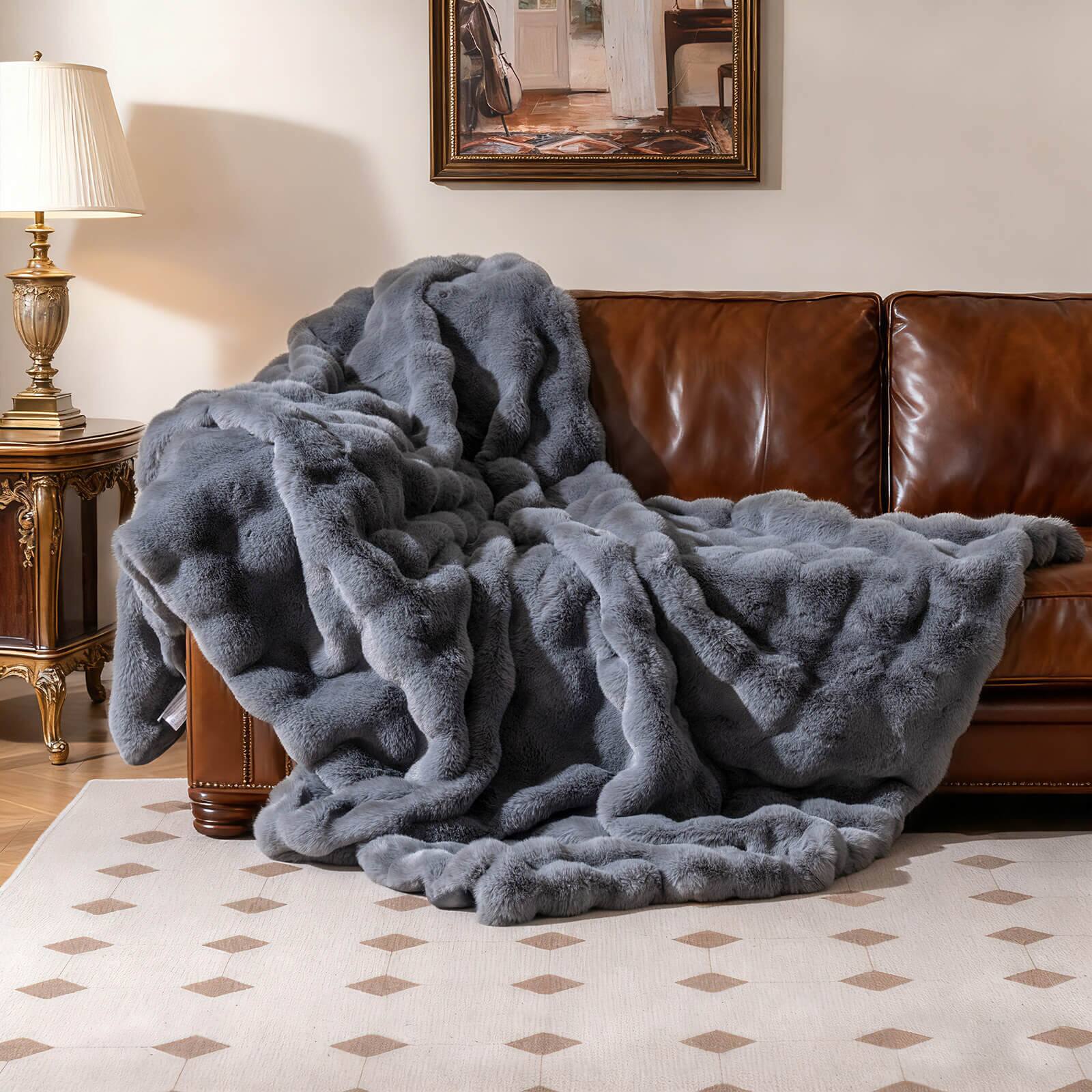 Alt View 3. Costway - Costway 80" x 60" Bubble Faux Rabbit Fur Throw Blanket with 2-Sided Design for Winter - Gray.