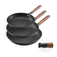 Front. VEVOR - Cast Iron Skillet Set, 3-Piece Frying Pan Collection (8, 10, 12 in), Nonstick Pans with Removable Wooden Handle - Black.