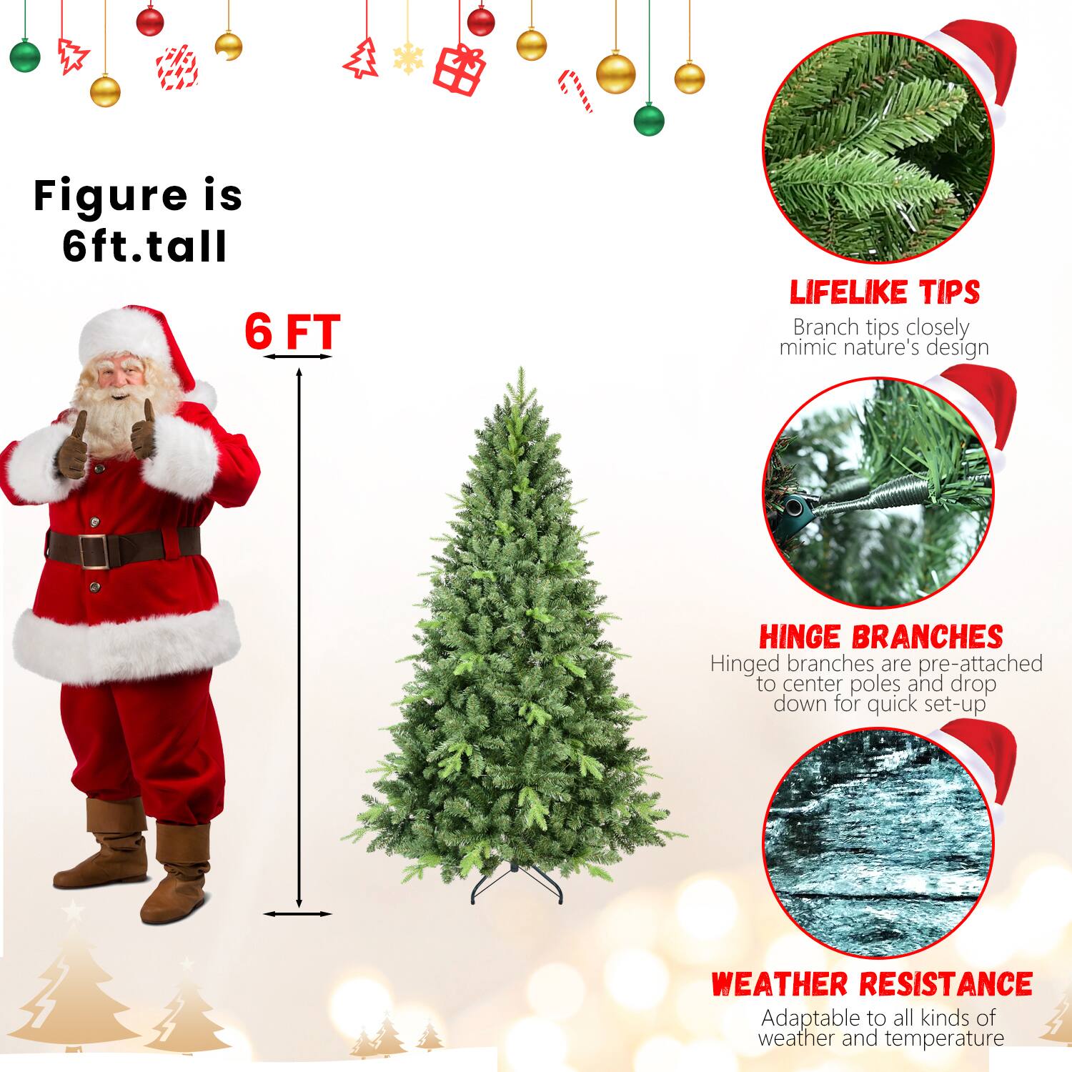 - Figure is 6ft. tall
- 6 FT
- LIFELIKE TIPS: Branch tips closely mimic nature's design
- HINGE BRANCHES: Hinged branches are pre-attached to center poles and drop down for quick set-up
- WEATHER RESISTANCE: Adaptable to all kinds of weather and temperature