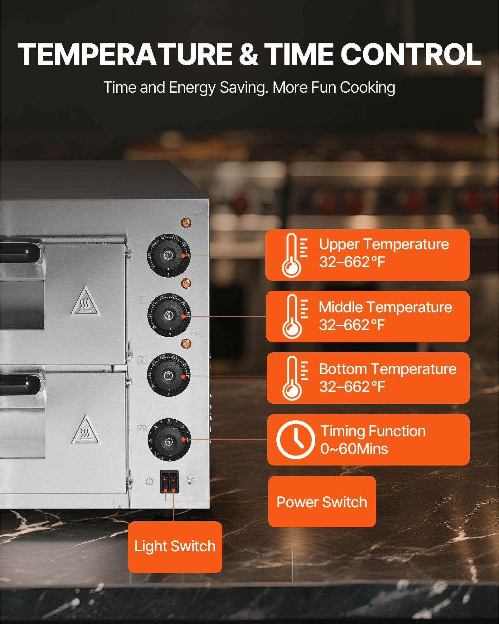**TEMPERATURE & TIME CONTROL**

Time and Energy Saving. More Fun Cooking

- Upper Temperature: 32-662°F
- Middle Temperature: 32-662°F
- Bottom Temperature: 32-662°F
- Timing Function: 0~60 Mins
- Power Switch
- Light Switch