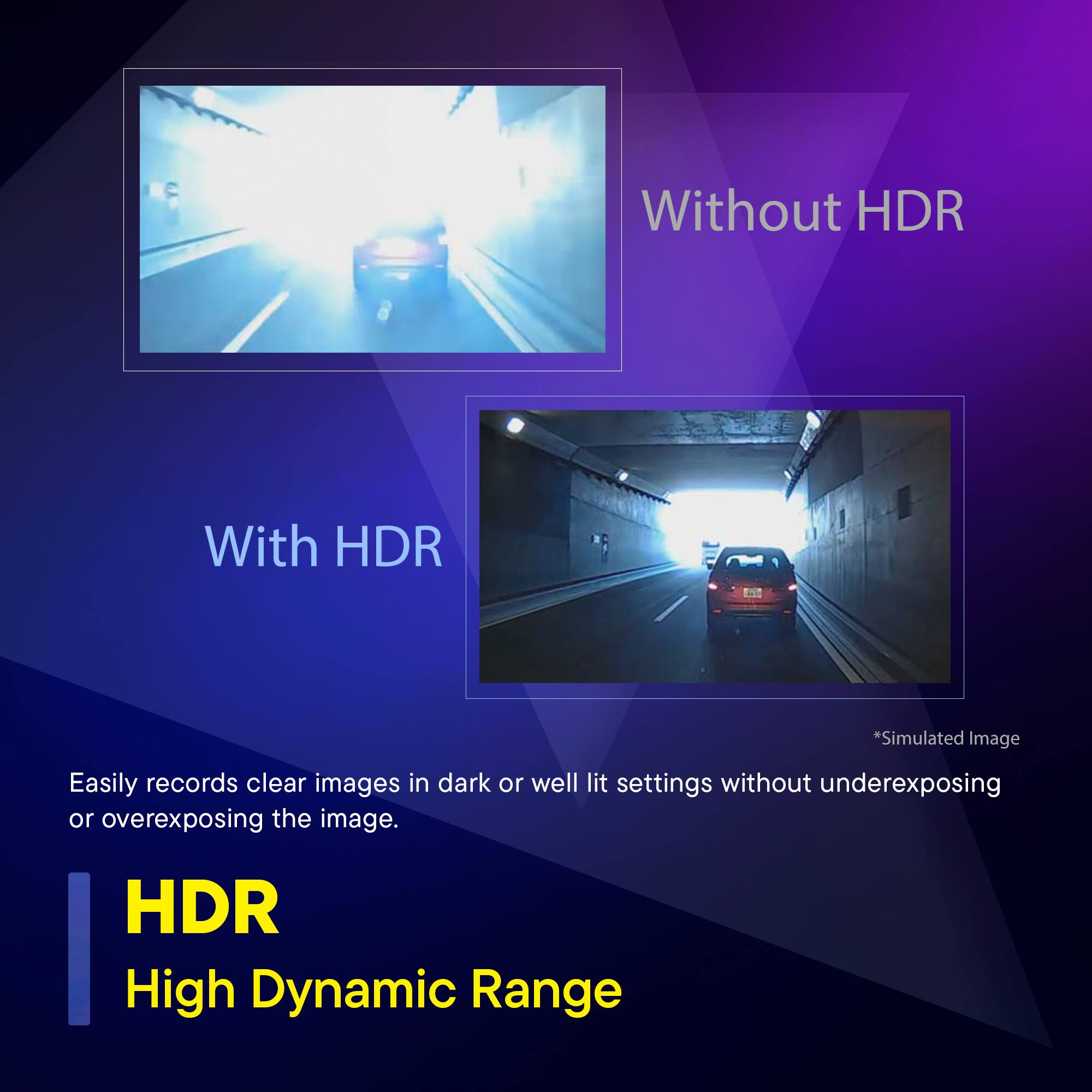 Without HDR  
With HDR  

Easily records clear images in dark or well lit settings without underexposing or overexposing the image.  

HDR  
High Dynamic Range  

*Simulated Image