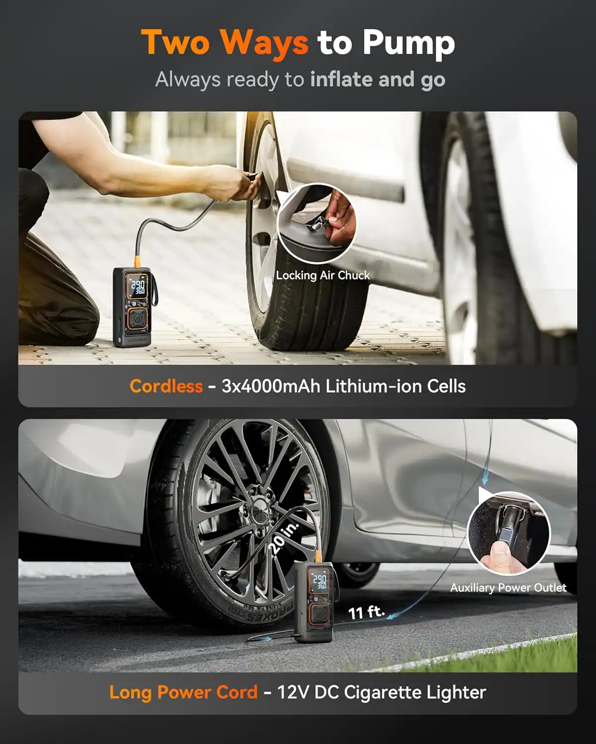 Two Ways to Pump  
Always ready to inflate and go  

1. Locking Air Chuck  
Cordless - 3x4000mAh Lithium-ion Cells  

2. 20 in. CLOI PROXES  
11 ft. Auxiliary Power Outlet  
Long Power Cord - 12V DC Cigarette Lighter