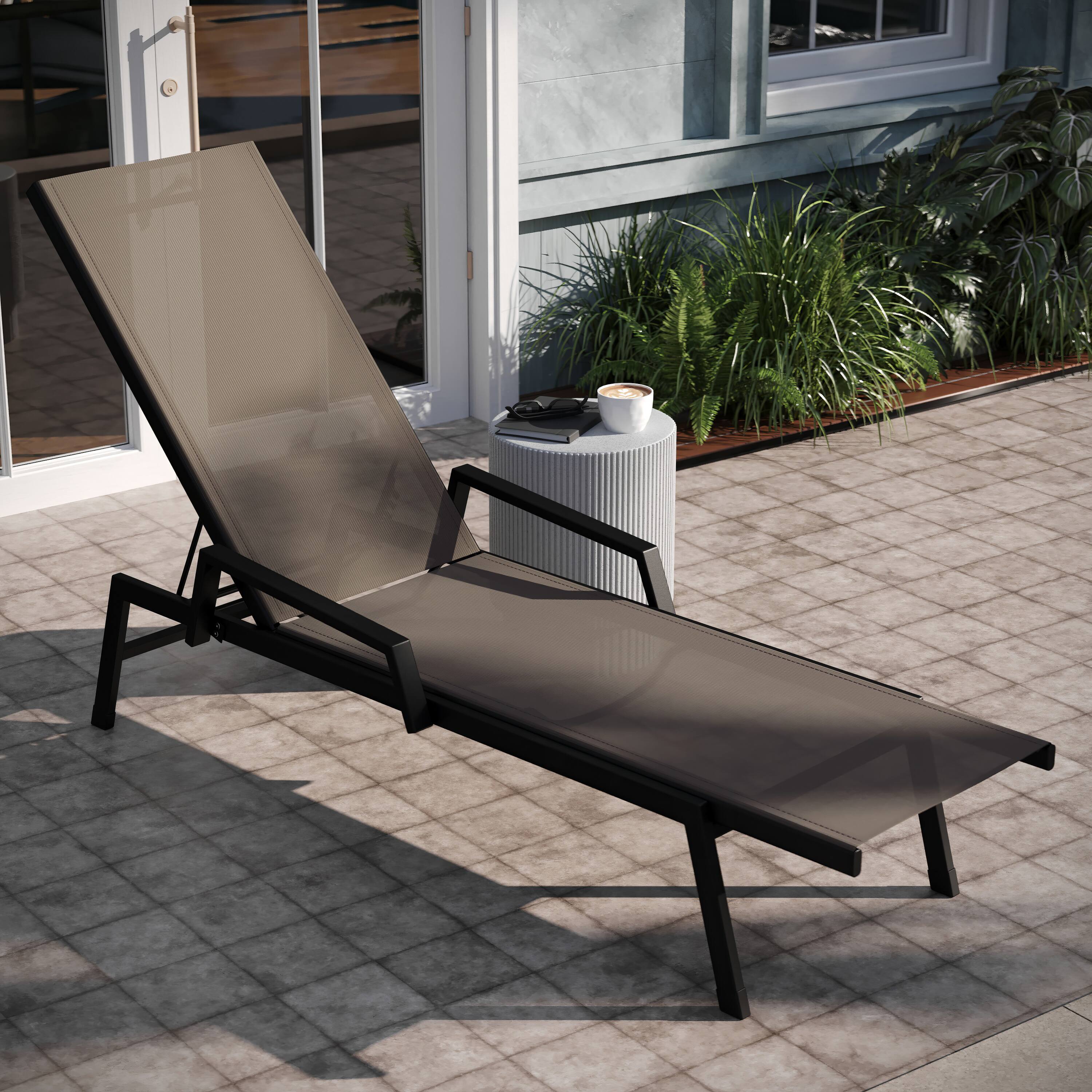 Alt View 3. Emma + Oliver - Braelin Textilene Adjustable 5 Position Patio Chaise Lounge with Armrests and Metal Frame - Brown.