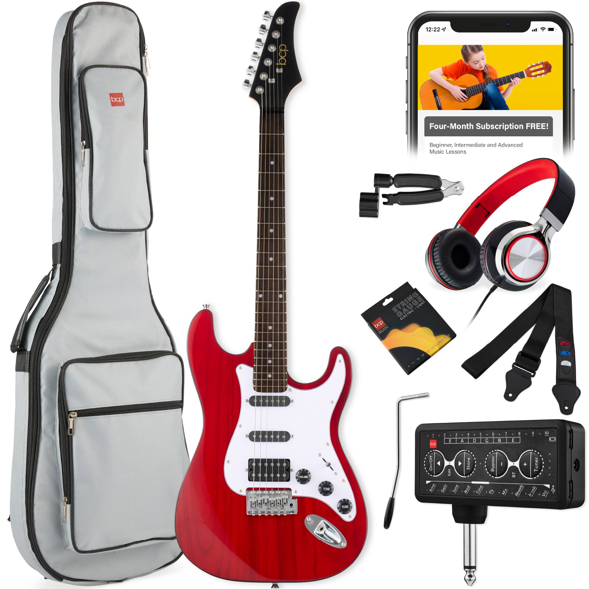Best Choice Products - Beginner HSS Electric Guitar Kit w/ Headphone Amp, Gig-Bag, Headphones - Cherry Red/White