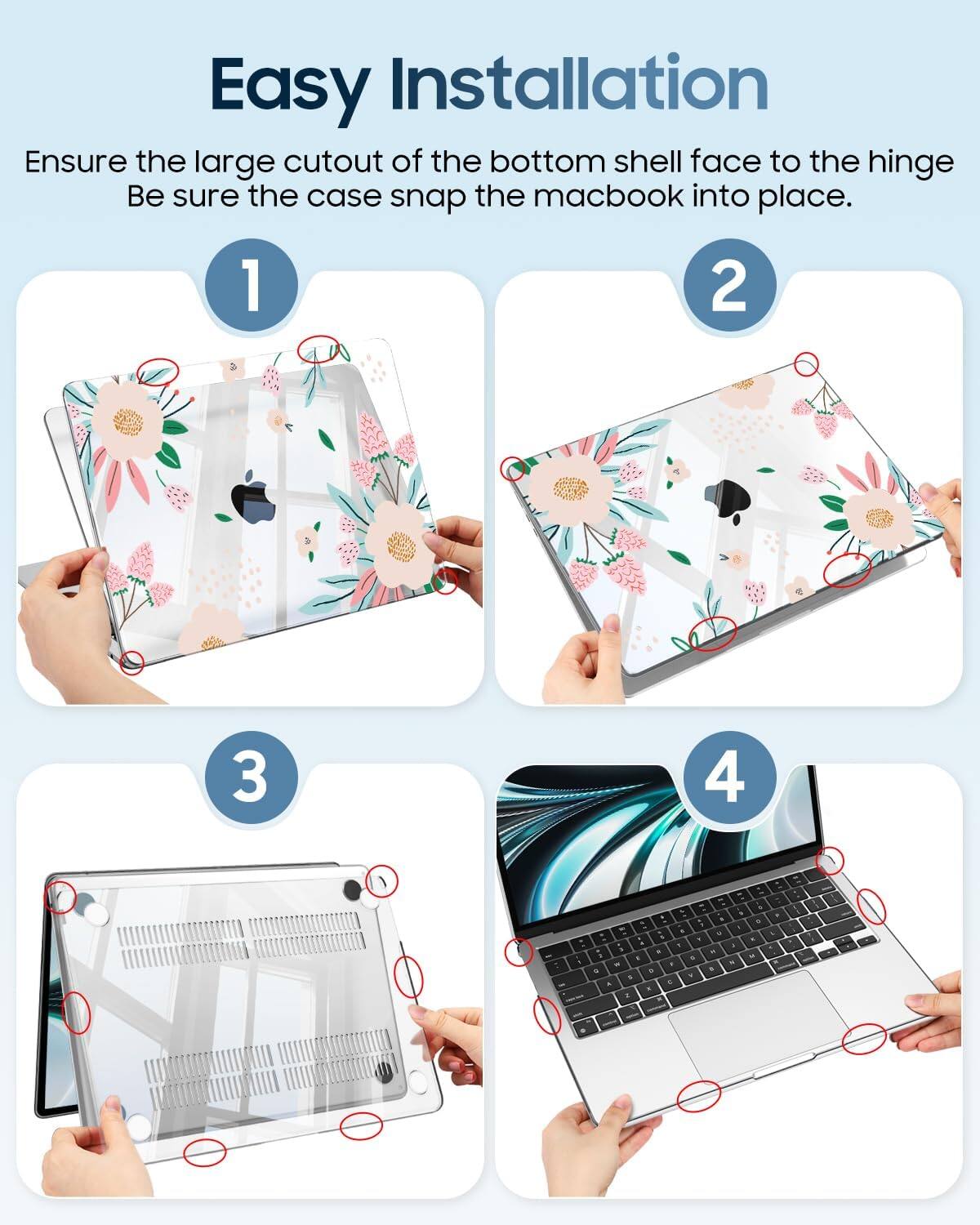 Easy Installation  
Ensure the large cutout of the bottom shell face to the hinge. Be sure the case snap the macbook into place.  

1  
2  
3  
4