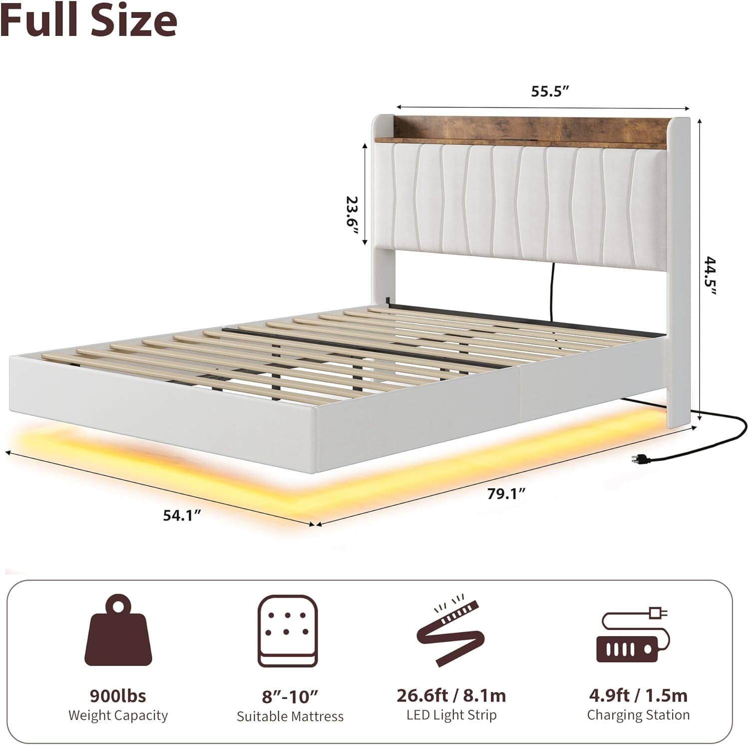 Full Size

- 55.5" (Width)
- 23.6" (Height)
- 44.5" (Depth)
- 54.1" (Height of Bed Frame)
- 79.1" (Length)

- 900lbs Weight Capacity
- 8"-10" Suitable Mattress
- 26.6ft / 8.1m LED Light Strip
- 4.9ft / 1.5m Charging Station