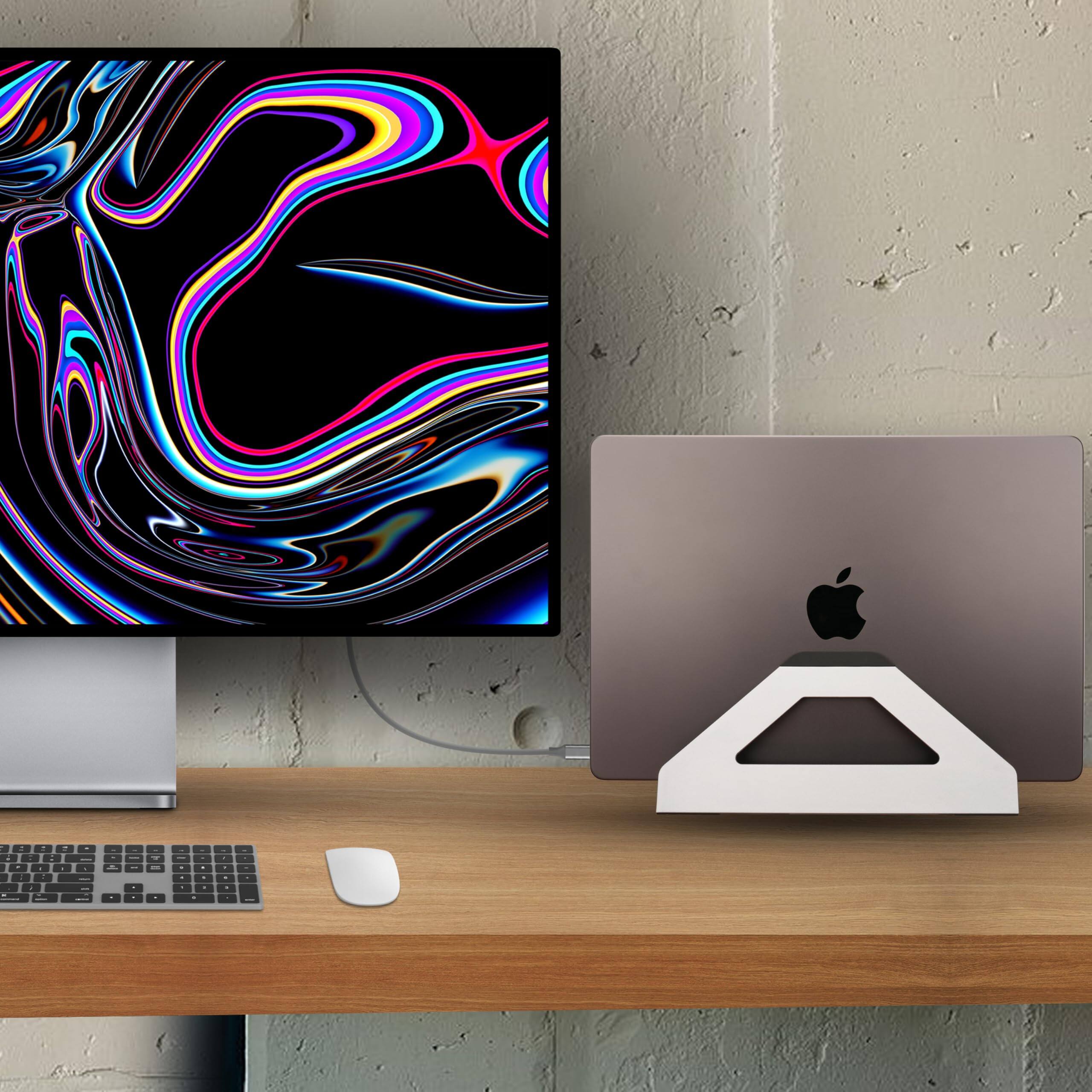 Angle. HongFei - Vertical Laptop Stand, Space Saving Holder for MacBook with Tool-Free Width Adjustment, Anodized Aluminum for Desk - Space Gray.