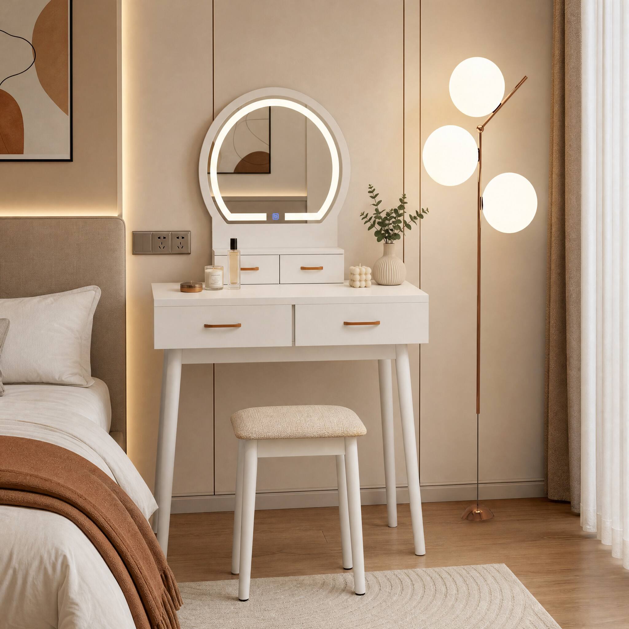 Angle. WELLFOR - Small Makeup Dressing Table Vanity Set with 3‑Color LED Lighted Mirror,Solid Wood Legs and Cushioned Stool for Bedroom - White.