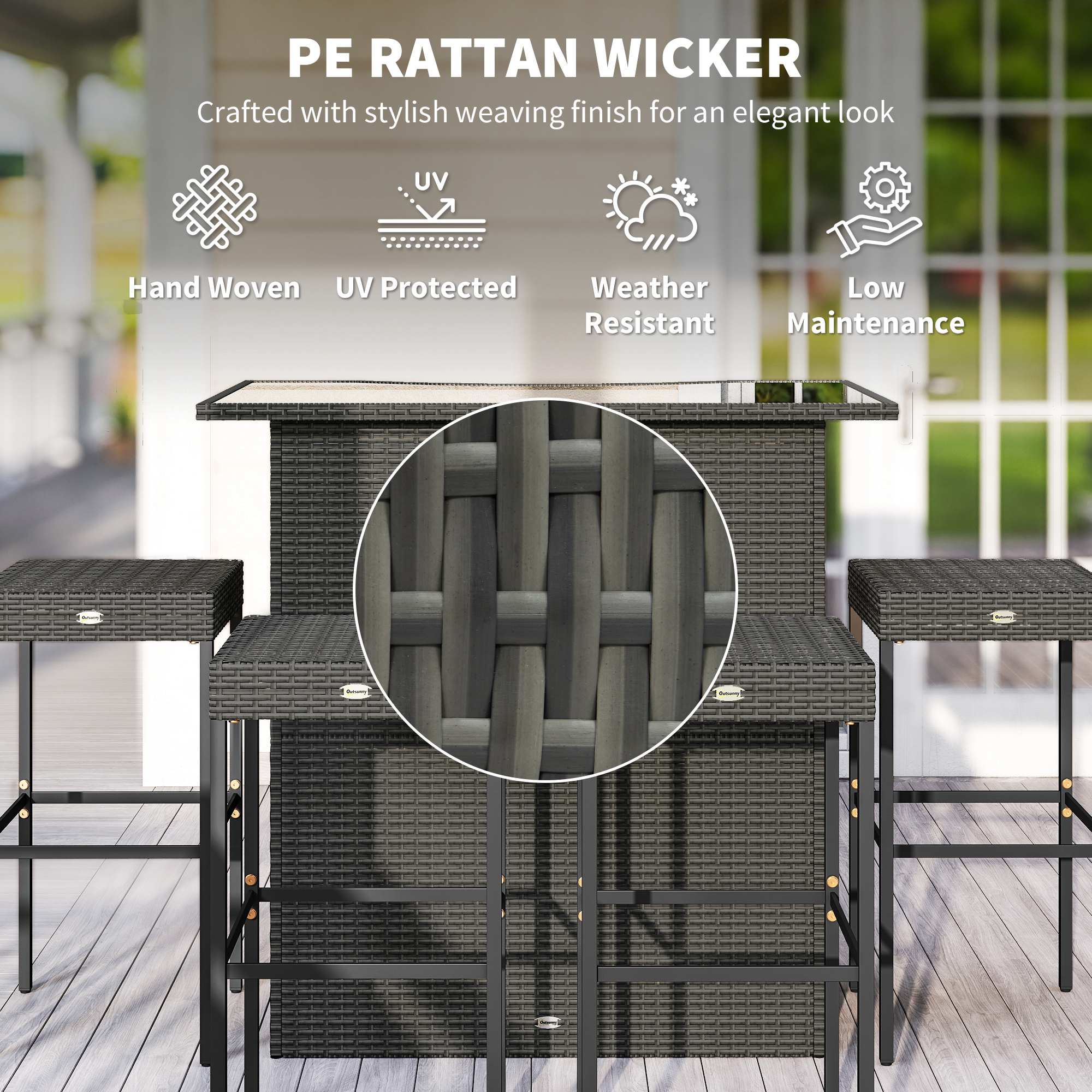 PE RATTAN WICKER  
Crafted with stylish weaving finish for an elegant look  

- Hand Woven  
- UV Protected  
- Weather Resistant  
- Low Maintenance