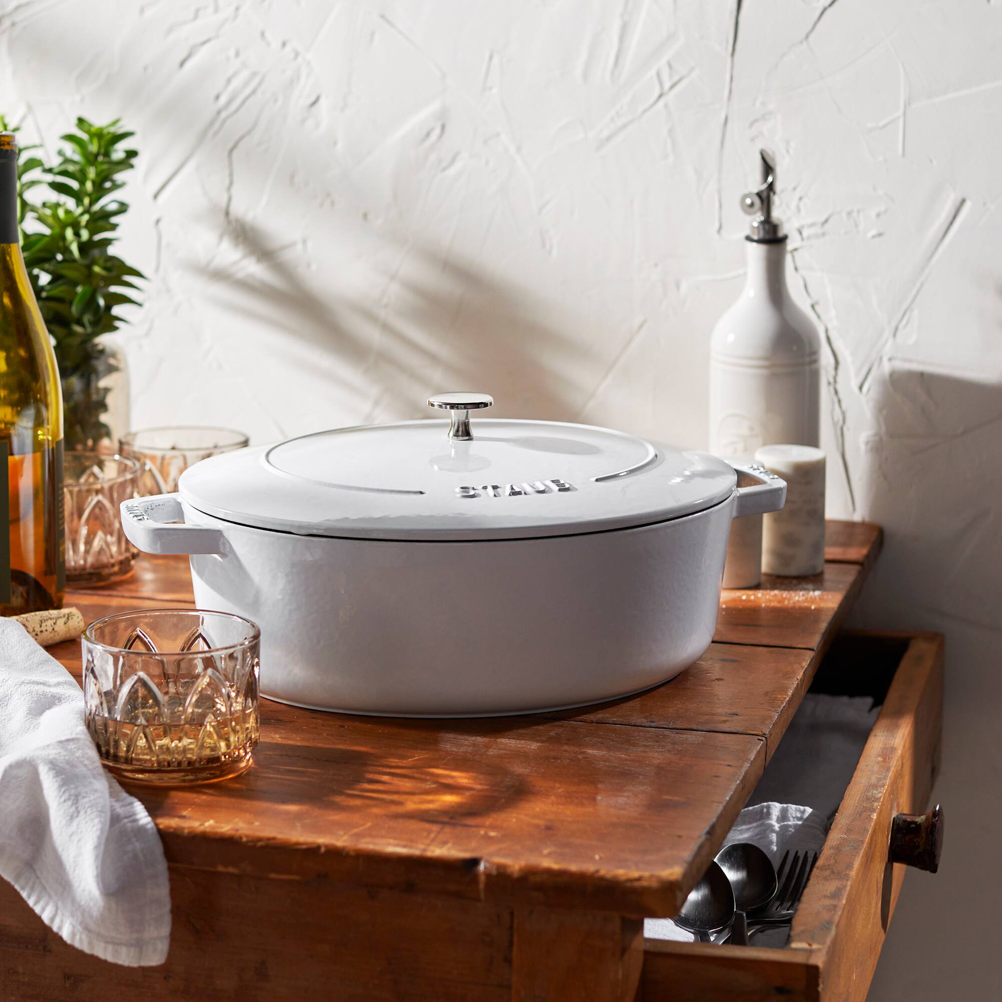 Alt View 1. Staub - Staub Cast Iron 6.25-qt Shallow Oval Dutch Oven - White - White.