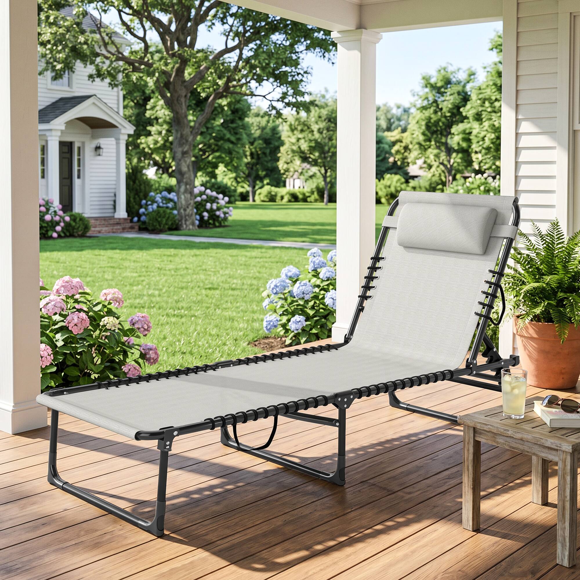 Alt View 1. Outsunny - Chaise Lounge Pool Chair with 4-Position Reclining Back, Pillow, Breathable Mesh & Bungee Seat - Cream White.