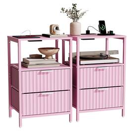 Winado - Set of 2 Fluted Nightstand with Charging Station 2 Fabric Drawers and Shelves USB Type-C AC Outlets Front Bedside Table - Pink