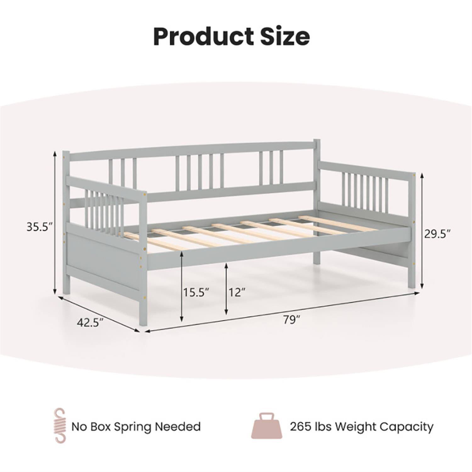 Product Size:  
35.5" x 29.5" x 42.5" x 79"  
15.5" x 12"  

No Box Spring Needed  

265 lbs Weight Capacity