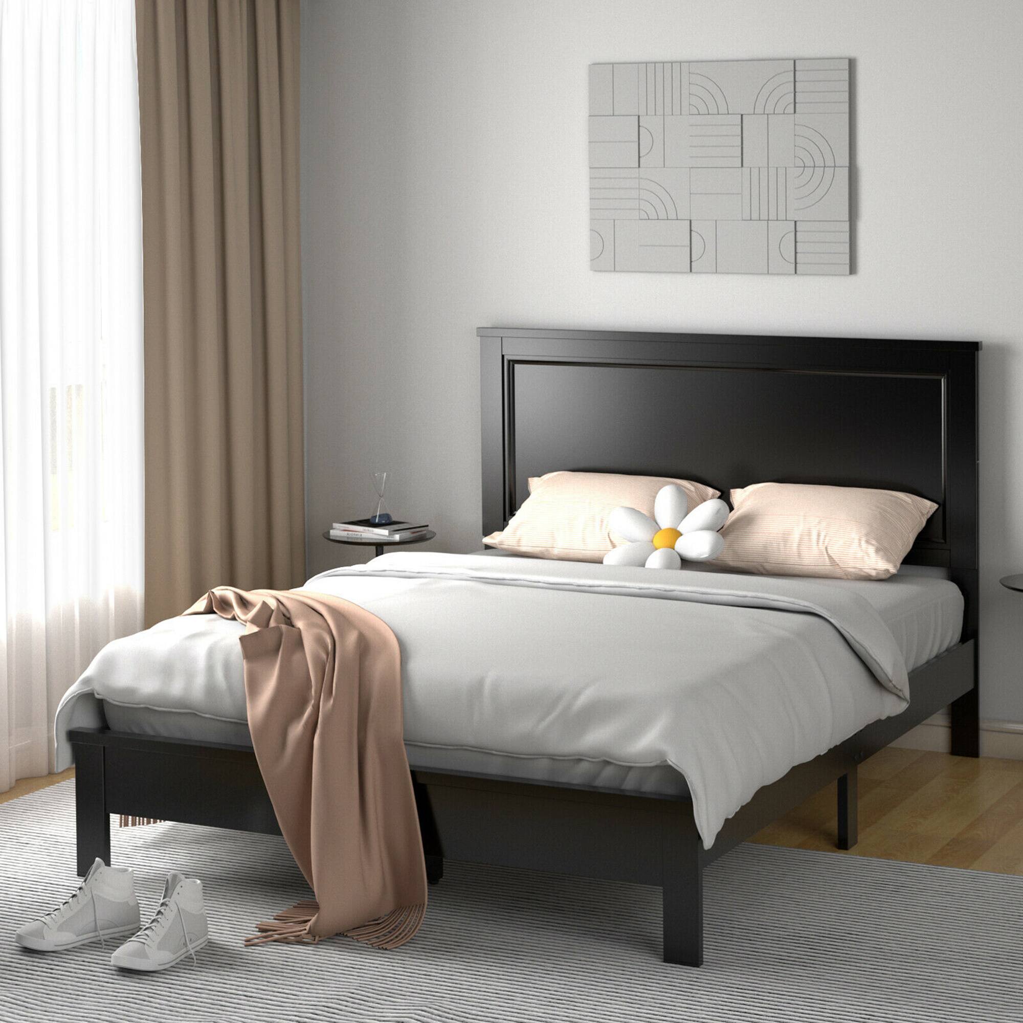 Angle. Costway - Costway Queen Size Bed Frame Platform Slat High Headboard Bedroom Rubber Wood Leg Black - Black.