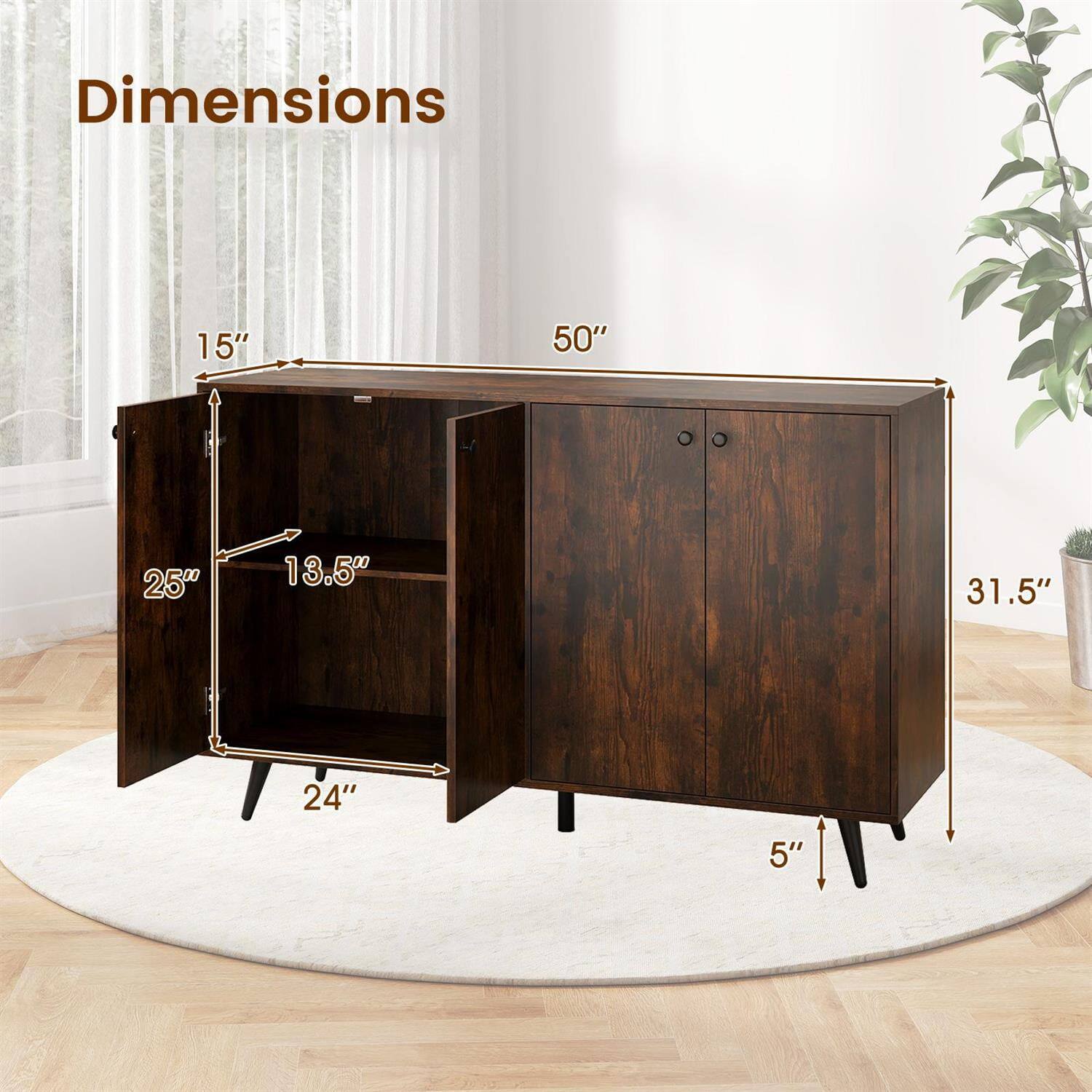 Dimensions: 50" W x 31.5" H x 15" D  
Shelf: 25" W x 13.5" D  
Height from floor: 24"  
Leg height: 5"