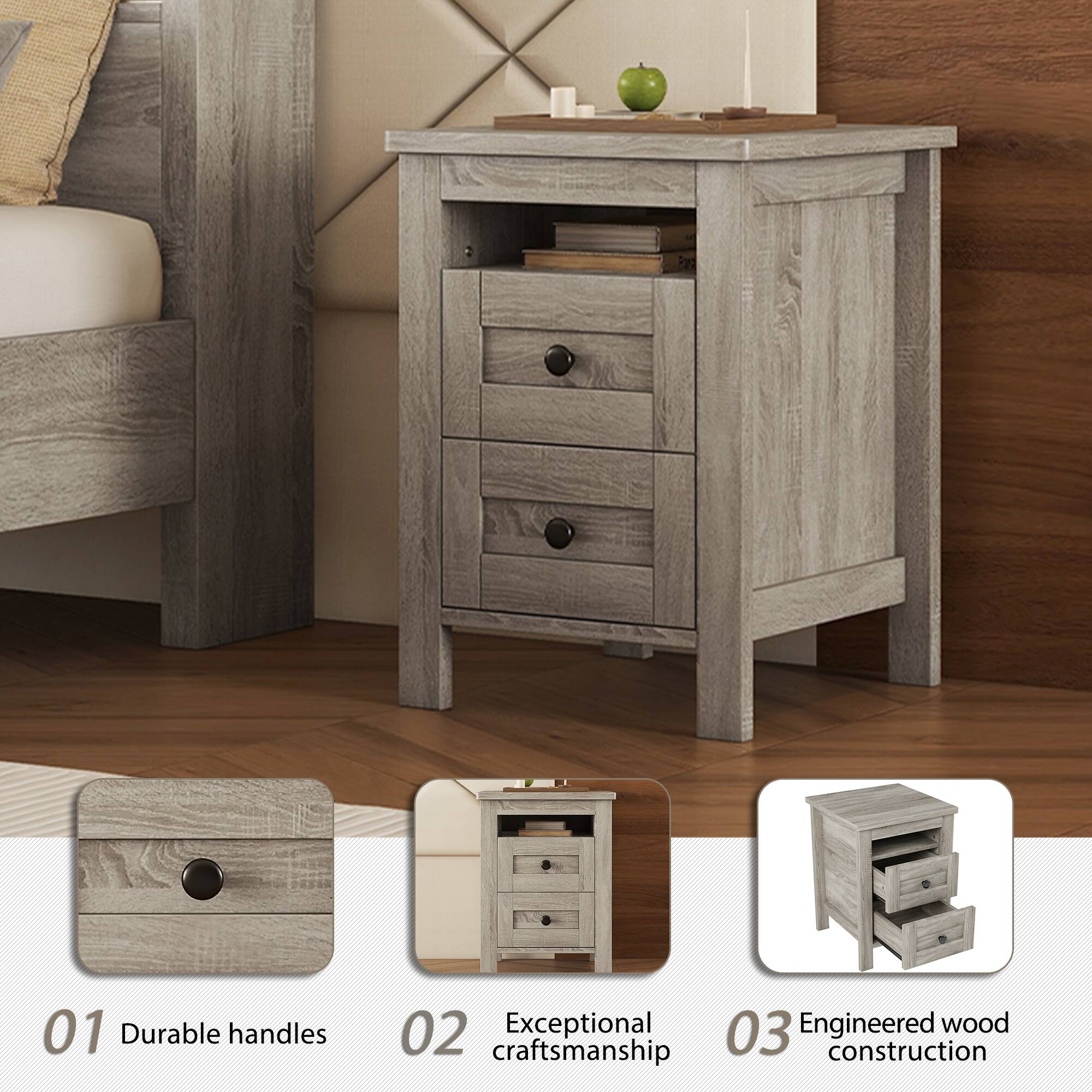 01 Durable handles  
02 Exceptional craftsmanship  
03 Engineered wood construction