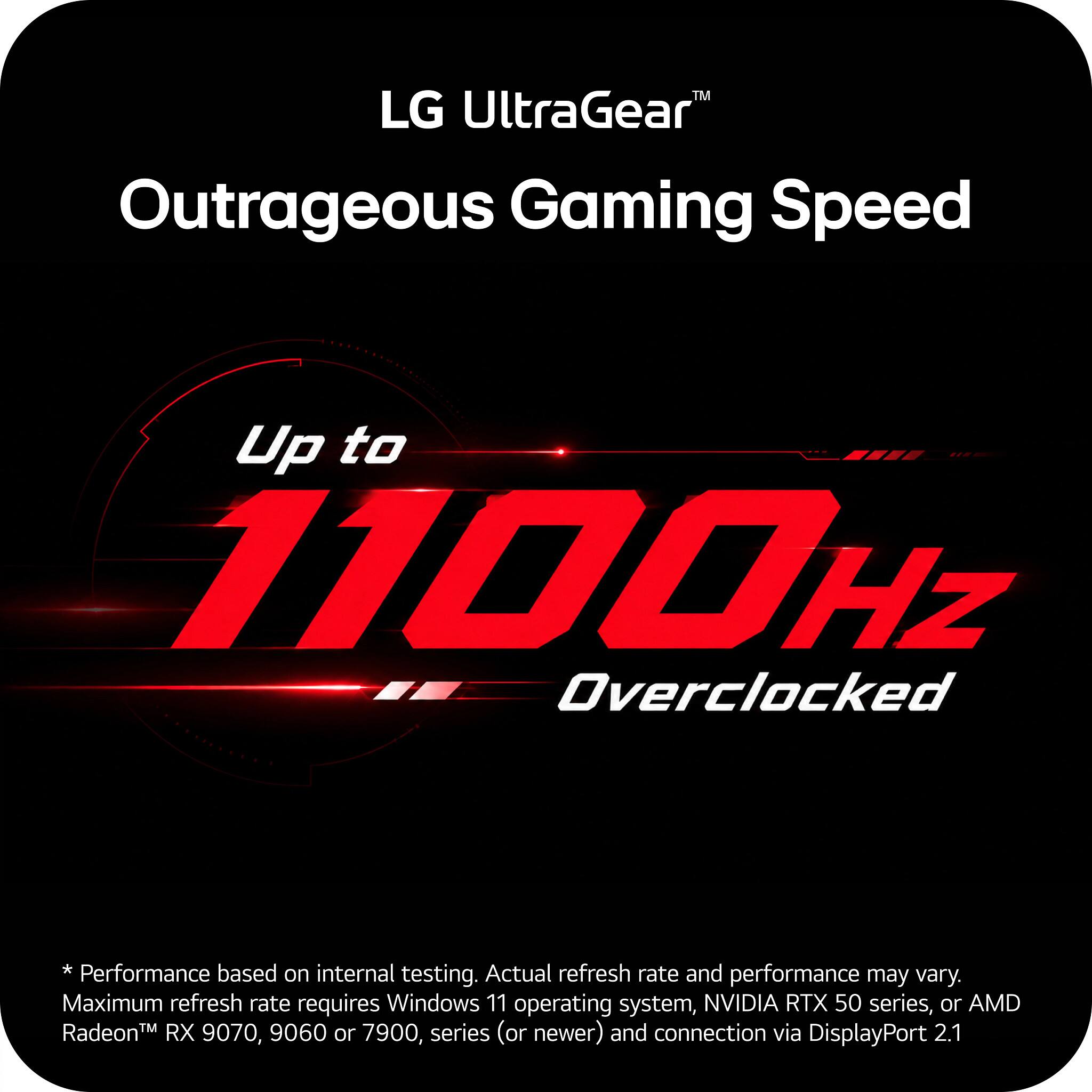 LG UltraGear™  
Outrageous Gaming Speed  
Up to 1100Hz Overclocked  

*Performance based on internal testing. Actual refresh rate and performance may vary.  
Maximum refresh rate requires Windows 11 operating system, NVIDIA RTX 50 series, or AMD Radeon™ RX 9070, 9060 or 7900 series (or newer) and connection via DisplayPort 2.1