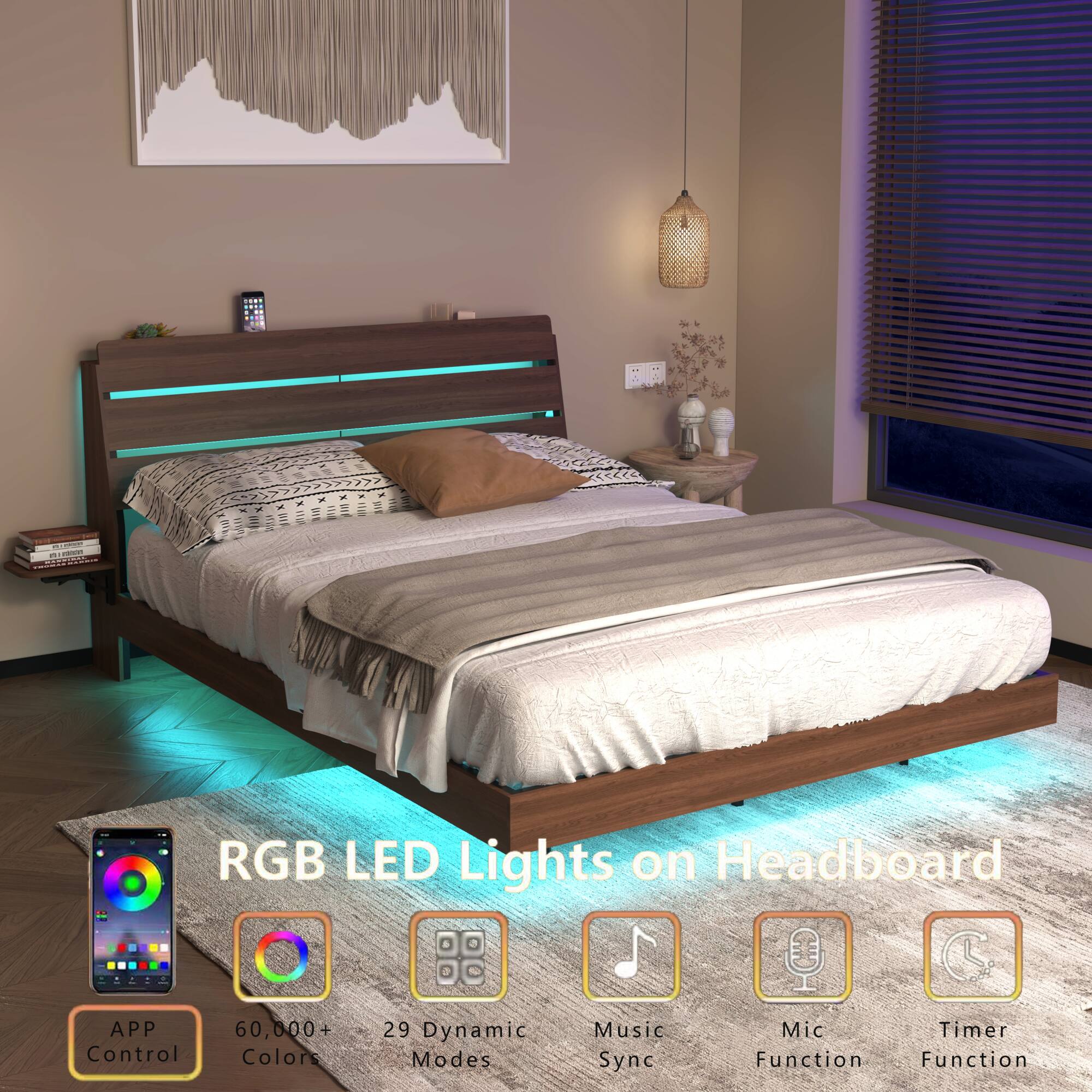 RGB LED Lights on Headboard

- APP Control
- 60,000+ Colors
- 29 Dynamic Modes
- Music Sync
- Mic Function
- Timer Function