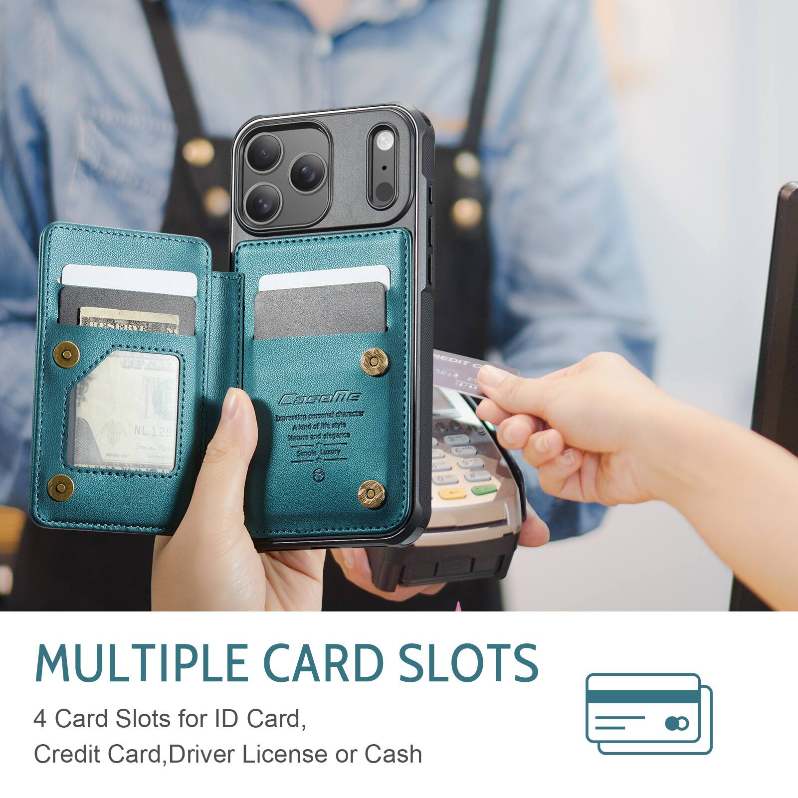 NL 129 - CasenE ting_potrincribe permon ETE A knd of  sty's Martursr end adepenca + Soe Limay A - .  
MULTIPLE CARD SLOTS  
4 Card Slots for ID Card, Credit Card, Driver License or Cash